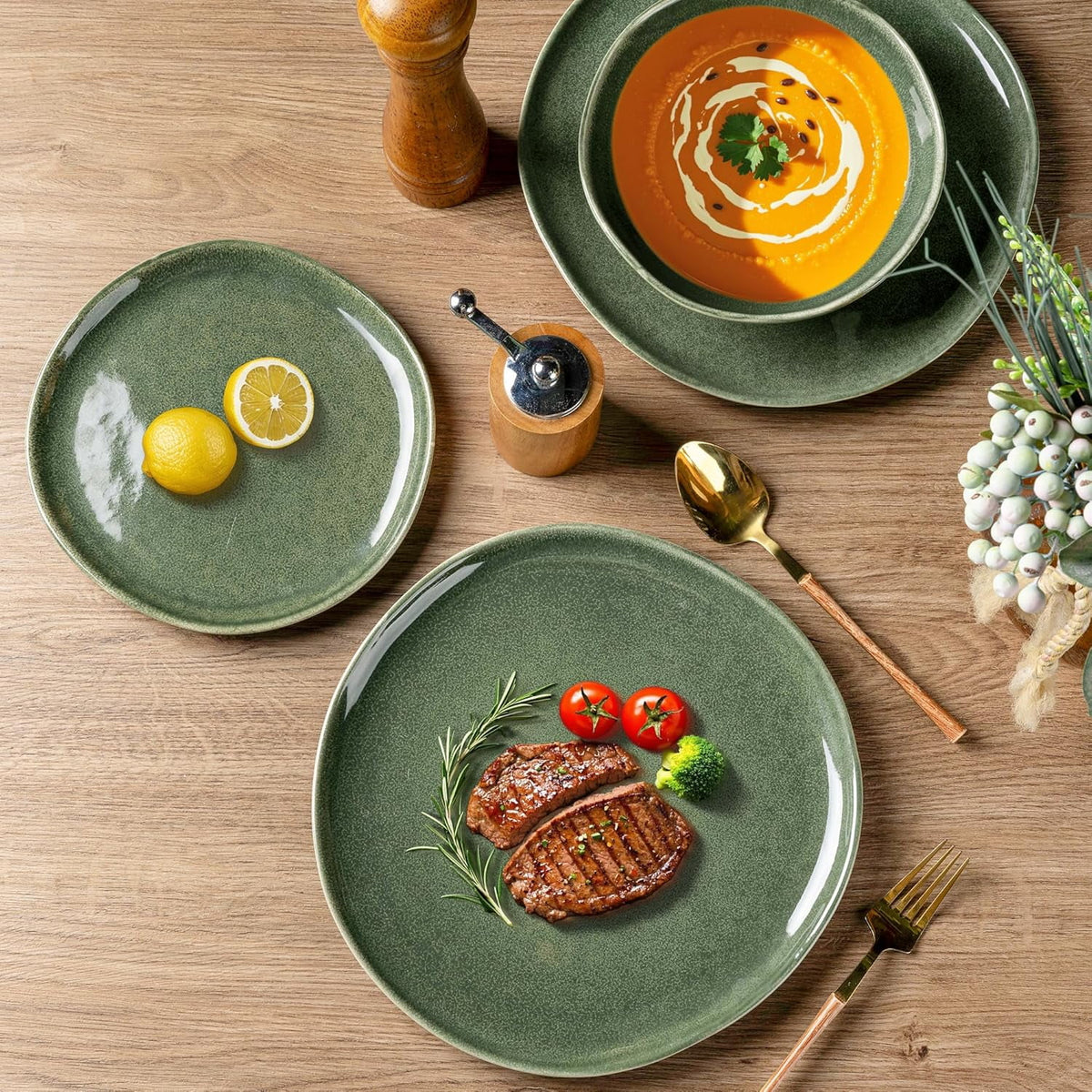 AmorArc Ceramic Plates Set of 6, 8.5 Inch Handmade Reactive Glaze Stoneware Plates set for Dessert, Salad, Appetizer, Dinner, Microwave & Dishwasher Safe, Scratch Resistant-Gade Green