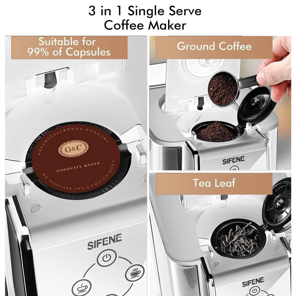 SIFENE 3-in-1 Single Serve Coffee Maker, Compatible with K Cup Capsules & Grounds, Tea Maker, 6-10 Oz Brew Sizes, 50 Oz Removable Reservoir, Fast Brew, Compact Design, 120V 1150W, Black