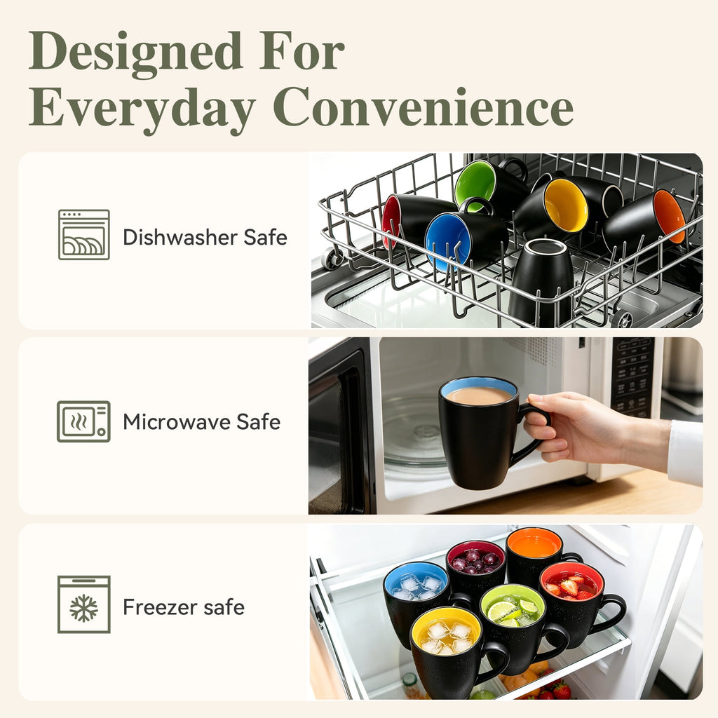 TINANA 12 oz Ceramic Coffee Mugs Set of 6, Matte Black Coffee Cups with Colorful Interior, Tea Mugs for Home Office, Microwave and Dishwasher Safe