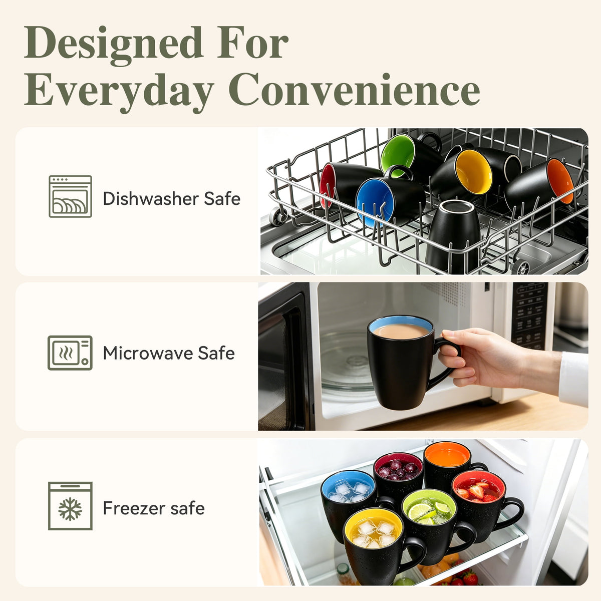 TINANA 12 oz Ceramic Coffee Mugs Set of 6, Matte Black Coffee Cups with Colorful Interior, Tea Mugs for Home Office, Microwave and Dishwasher Safe