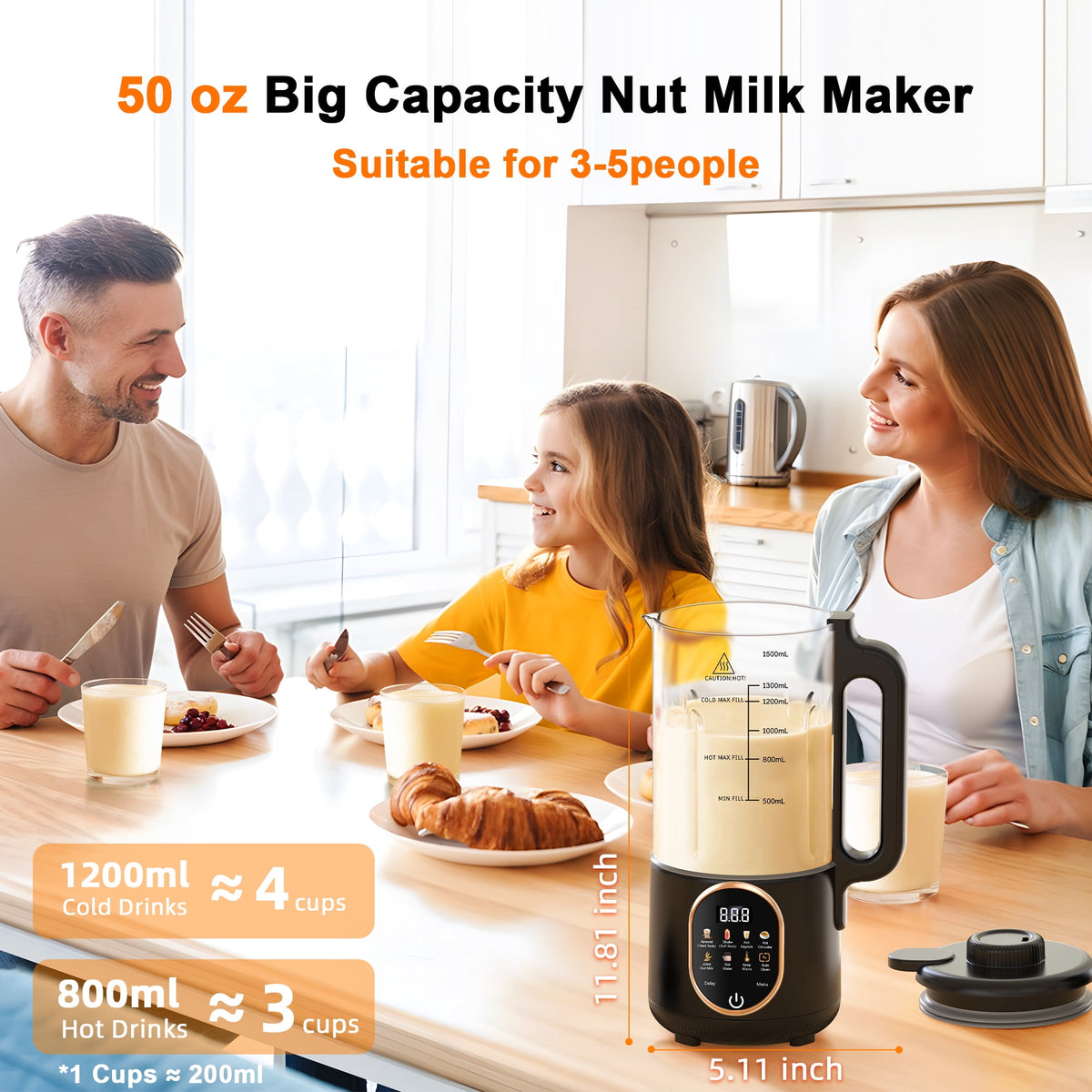 Luxmo 50oz Automatic Nut Milk Maker, Homemade Hot Soy Milk Almond Cow Maker Machine, 10-in-1 Plant-Based & Dairy-Free Beverage Oat Milk Maker with Delay Start, Keep Warm, Boil Water(1500ML)