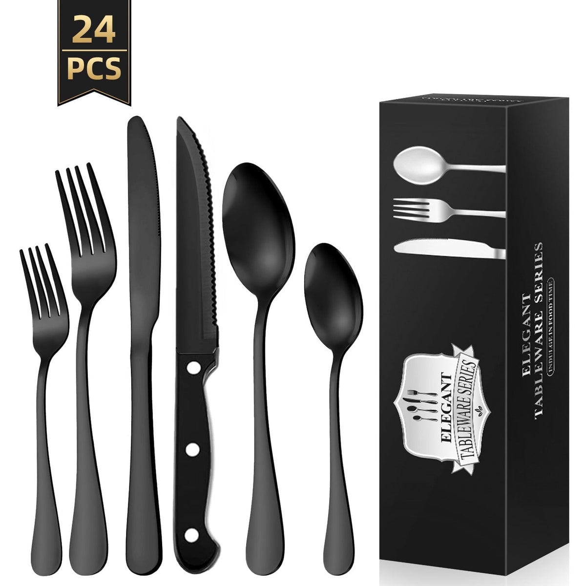 TINANA Silverware Sets, 24 PCS Flatware Set for 4, Stainless Steel Cutlery Utensil Set with Steak Knives Mirror Polished Forks and Spoons, Silver