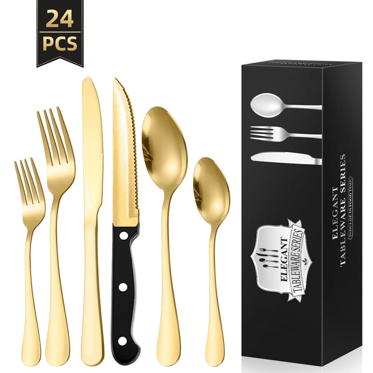 TINANA Silverware Sets, 24 PCS Flatware Set for 4, Stainless Steel Cutlery Utensil Set with Steak Knives Mirror Polished Forks and Spoons, Silver