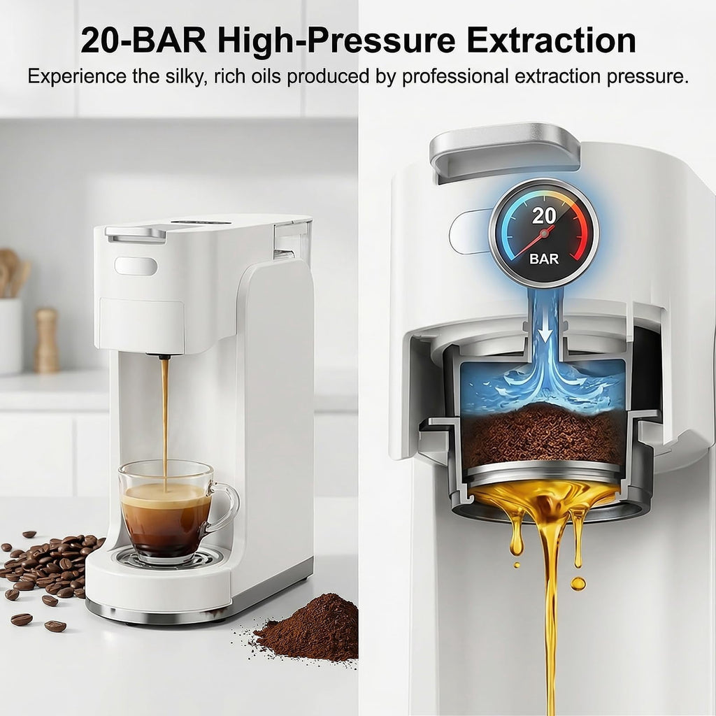 GVODE 4-in-1 Single Serve Coffee Maker, 3-Second Heat-Up, 20 Bar Hot and Iced Espresso Machine, White