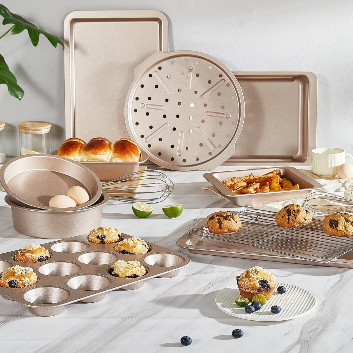 HONGBAKE 29-Pcs Nonstick Carbon Steel Bakeware Set, Baking Pan Set with Baking Sheets, Cake Pans, Loaf Pan & Muffin Pan, Grey