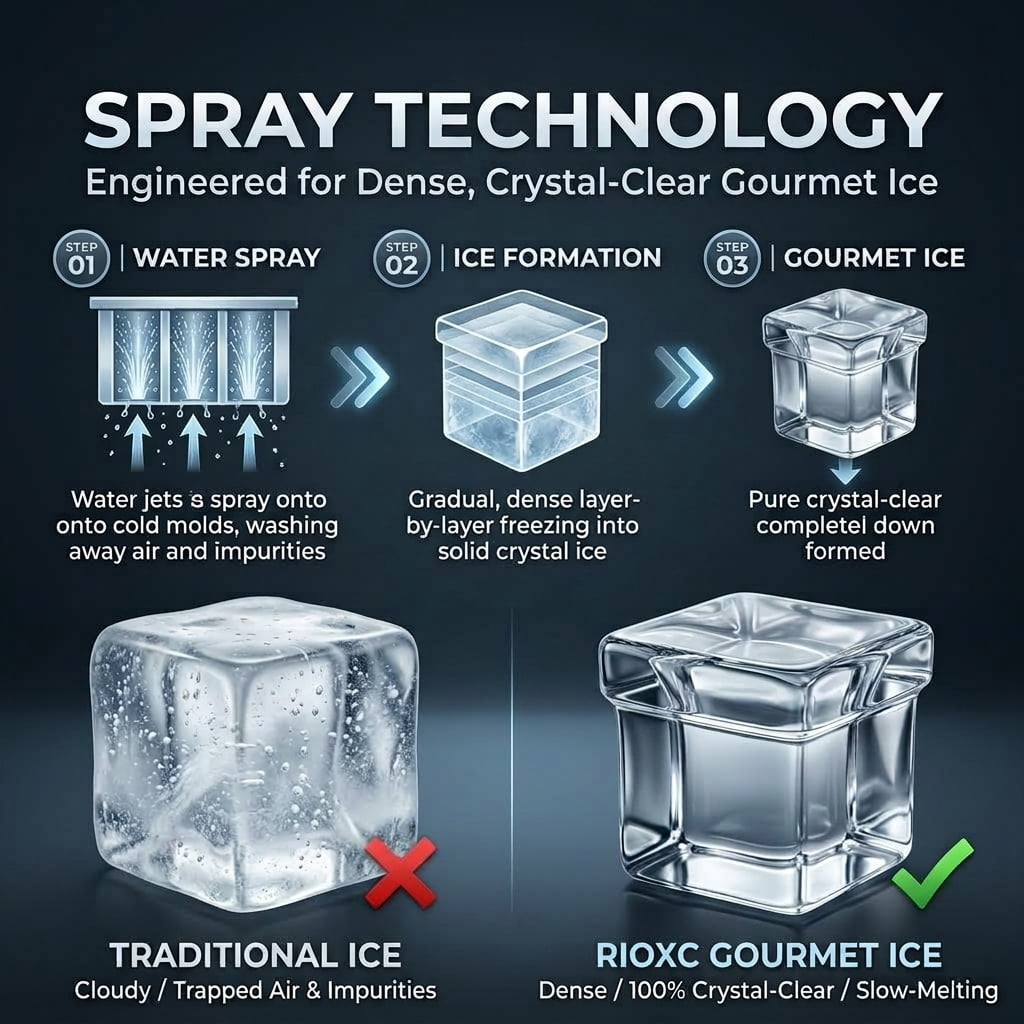 RIOXC Gourmet Top Hat Ice Maker 70 lbs, 15 Inch Built-in Undercounter Machine, Spray Tech for Home Bar & Commercial, ETL