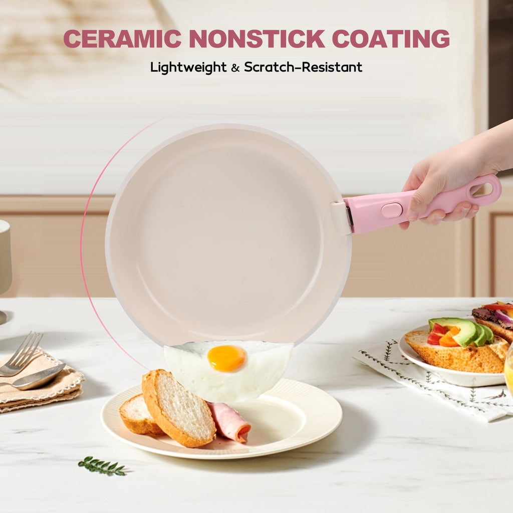 17 Piece Ceramic Pots and Pans Set Non Stick, Cookware Set with Detachable Handle, Oven Safe, Induction Ready, Stackable RV Kitchen Cooking Set Removable Handles, Cream White