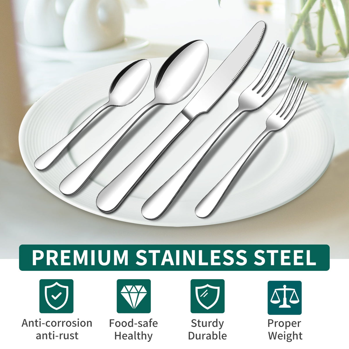 20 Piece Silverware Set, ENLOY Stainless Steel Solid Flatware Cutlery for 4, Modern & Elegant Design, High Quality Gift