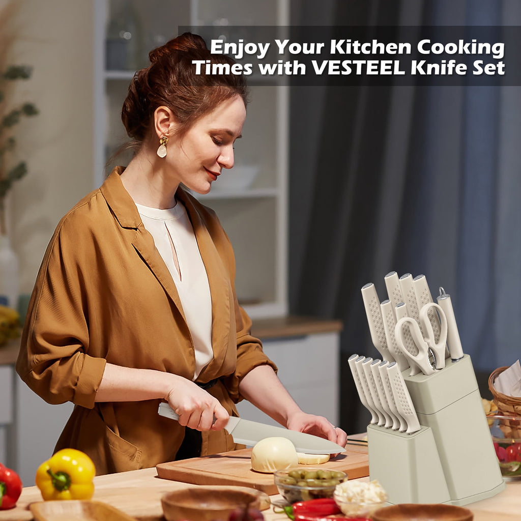 Vesteel Knife Block Set for Kitchen, 15-Piece High Carbon Stainless Steel Knives Set with Ergonomic Handle, Ultra-sharp & Rust Resistant, Walnut Brown