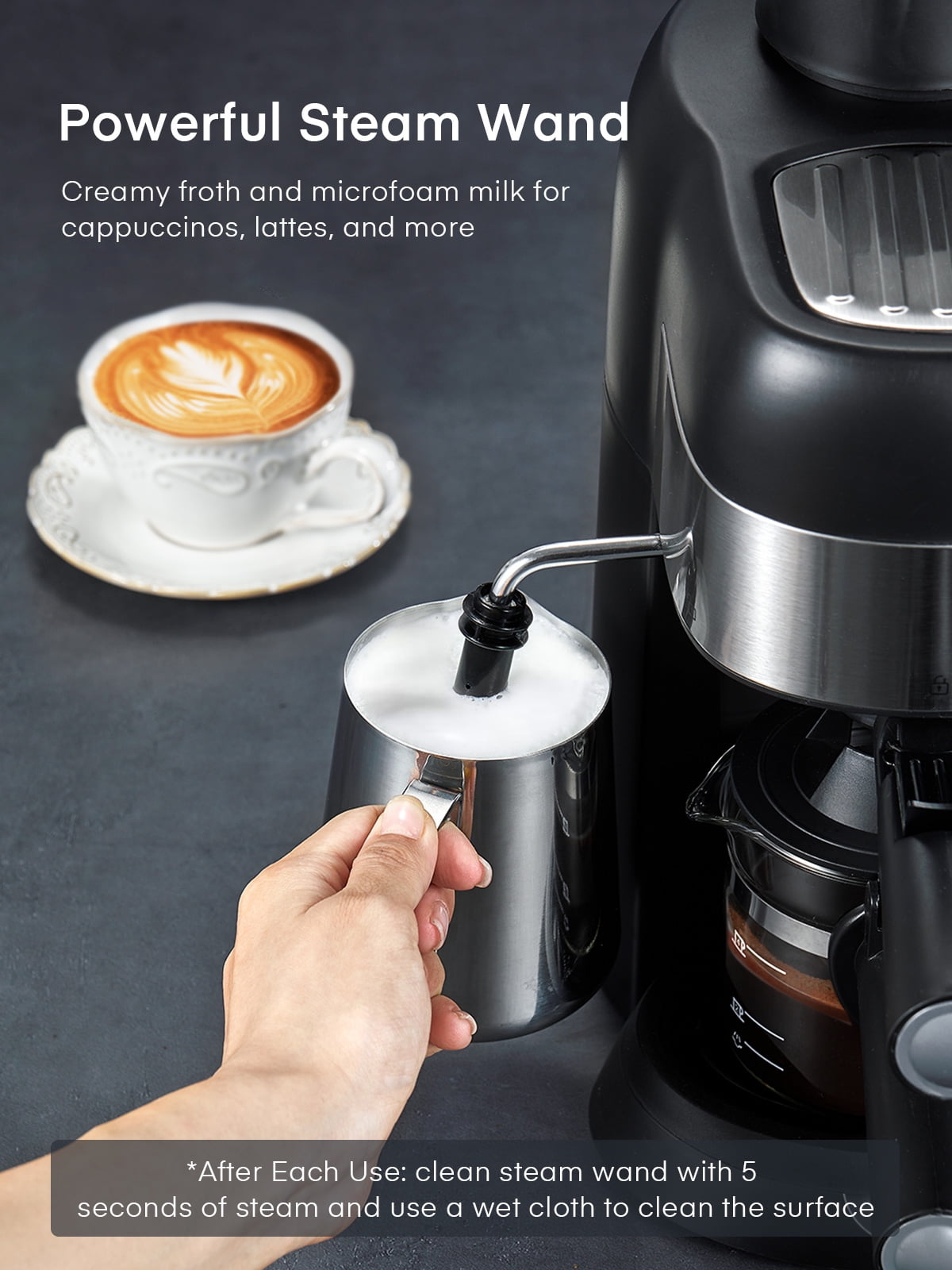 FOHERE Espresso Machine, 3.5 Bar 4 Cup Steam Espresso Machine Cappuccino Maker with Milk Frother