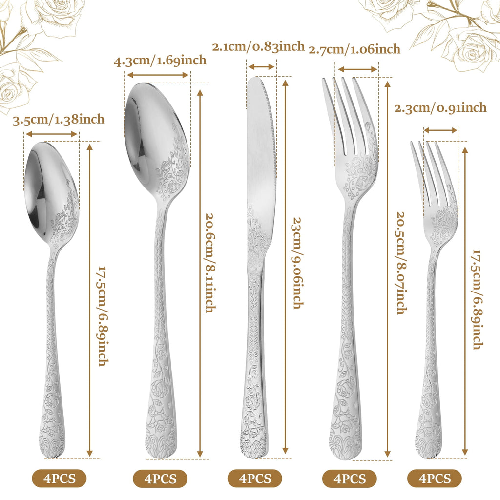 20 Pcs Floral Silverware Set Including Fork Spoon and Knife Stainless Steel Flatware Set Vintage Cutlery Set Mirror Polished Utensil Set for Kitchen Dishwasher Safe Service for 4