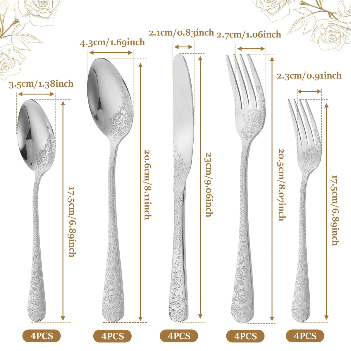 20 Pcs Floral Silverware Set Including Fork Spoon and Knife Stainless Steel Flatware Set Vintage Cutlery Set Mirror Polished Utensil Set for Kitchen Dishwasher Safe Service for 4