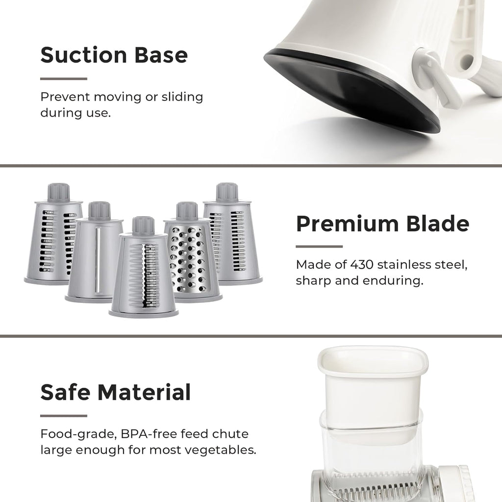 Premium Rotary Cheese Grater, Manual Cheese Grater for Kitchen, Handheld Vegetables Slicer Cheese Shredder with Rubber Suction Base, 3 Stainless Drum Blades Included,Blue