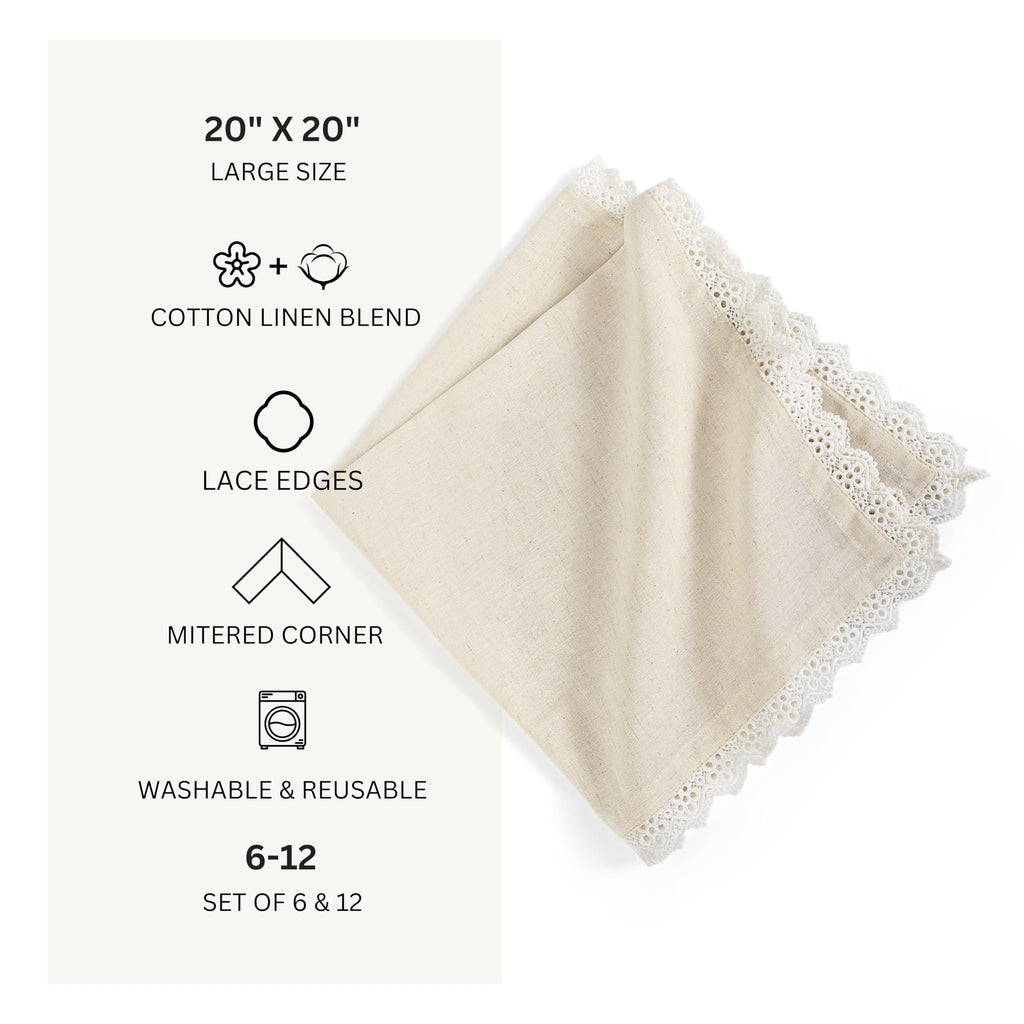 Fingercraft Cloth Napkin, Soft Quality Cotton Linen Blend Fabric, Dinner Napkins with Premium White Lace, 6 Pack, 20”x20” Aqua