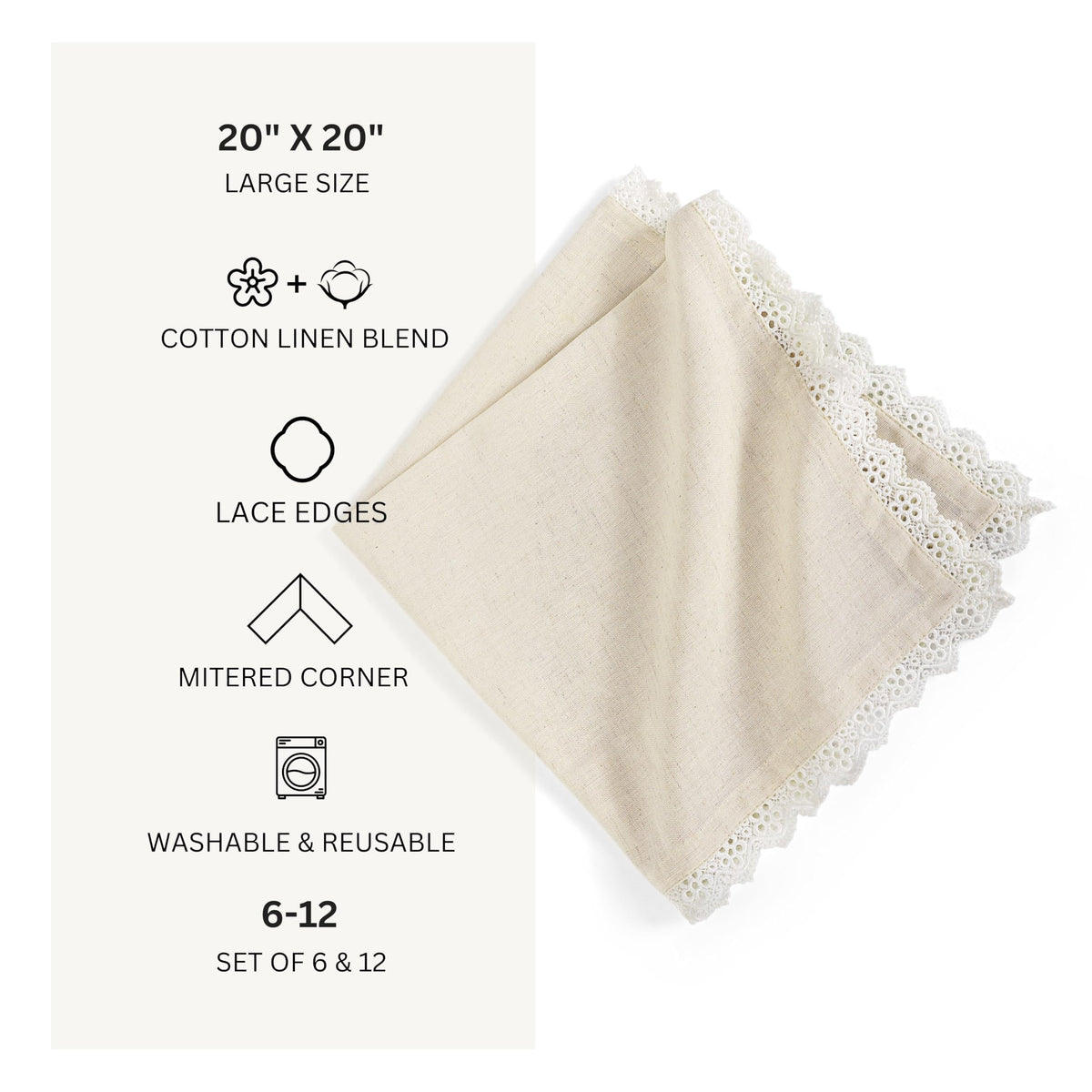 Fingercraft Cloth Napkin, Soft Quality Cotton Linen Blend Fabric, Dinner Napkins with Premium White Lace, 6 Pack, 20”x20” Aqua