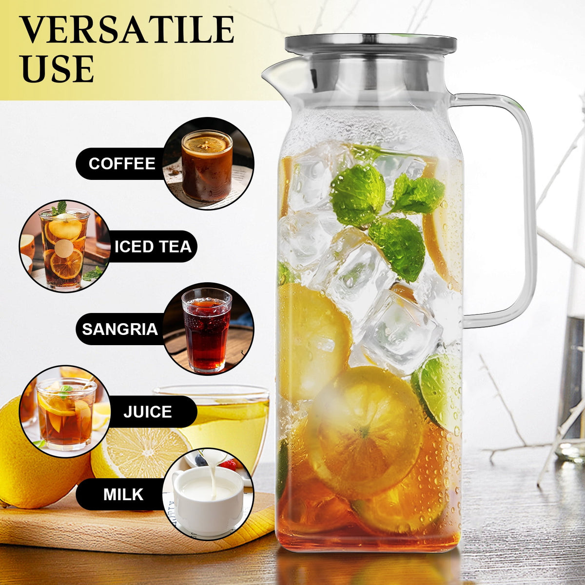 Soulgenix 2L Glass Pitcher, Square Glass Carafe with Stainless Steel Lid, 68 oz Carafe for Water, Juice, Iced Tea, Coffee