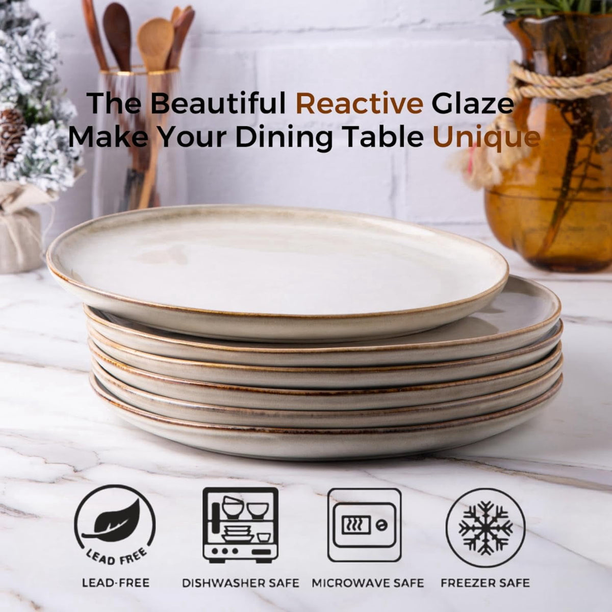 AmorArc Ceramic Plates Set of 6, 8.5 Inch Handmade Reactive Glaze Stoneware Plates set for Dessert, Salad, Appetizer, Dinner, Microwave & Dishwasher Safe, Scratch Resistant-Pearl White