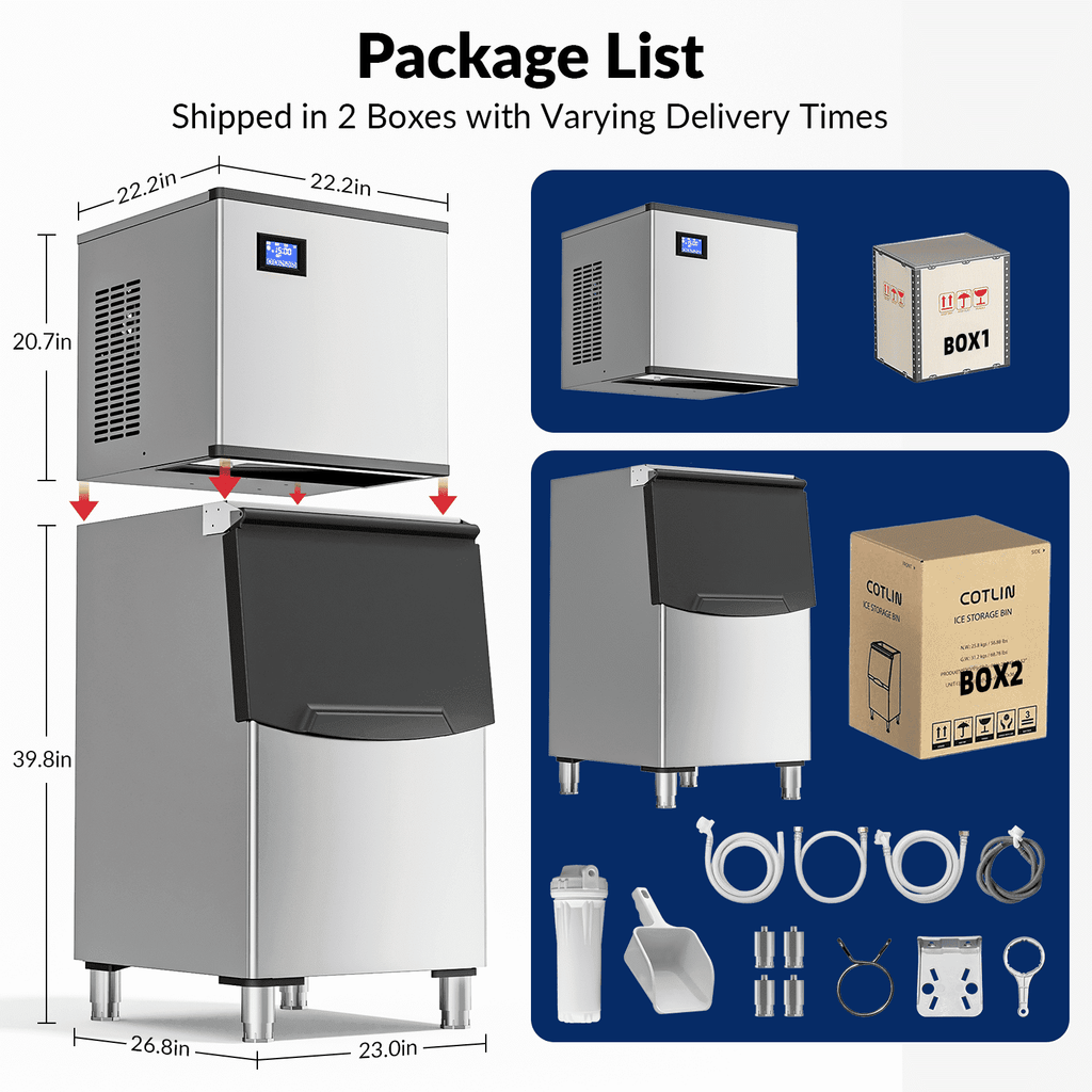 RIOXC Commercial Ice Maker Machine 650LBS/24H with 350LBS Bin, Split Clear Nugget Ice Makers, Fast Ice Maker Ice-Ready in 8-15mins for Restaurant Bar Hotel