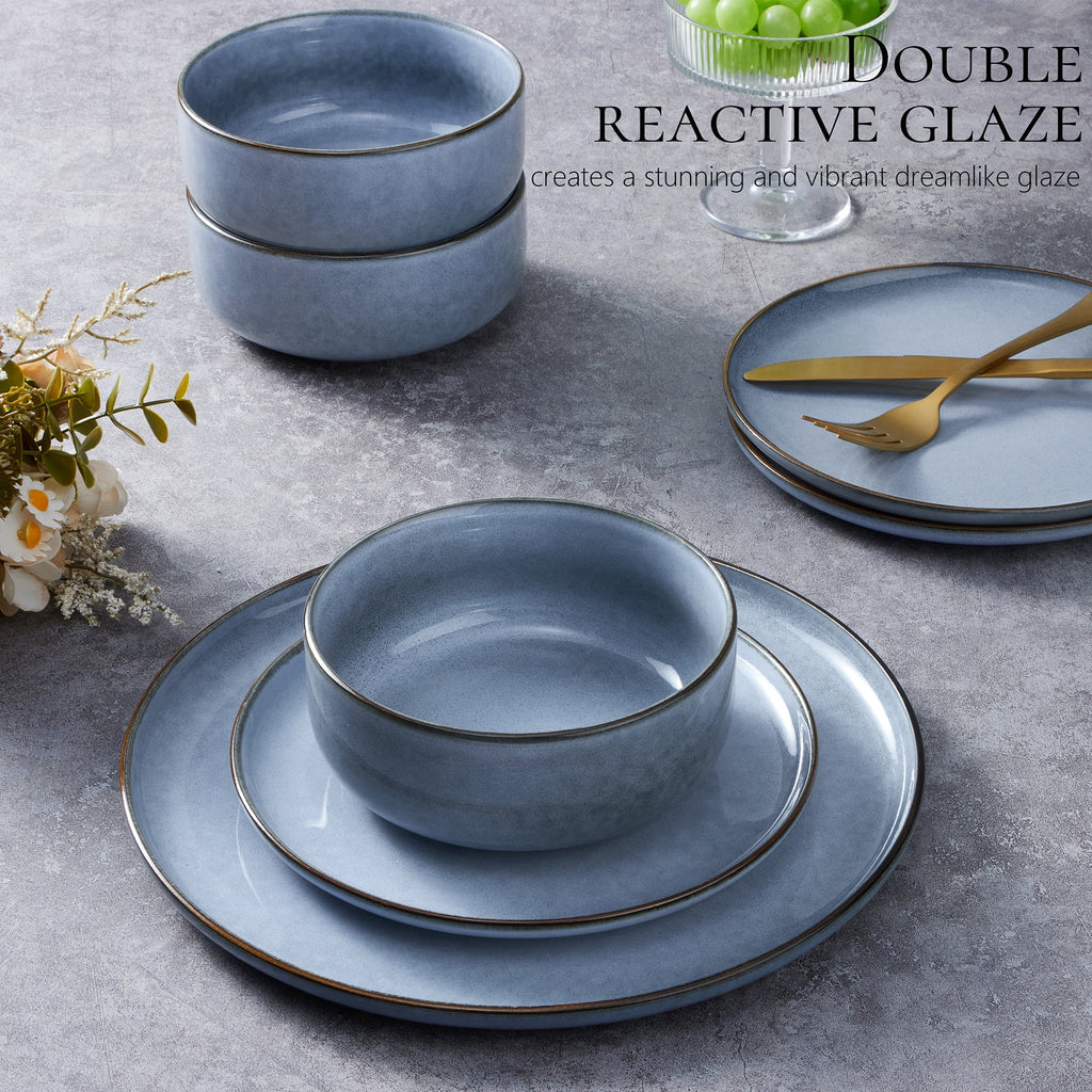 Vesteel Dinnerware Sets for 4, 12-Piece Stoneware Dish and Bowls Set, Handmade Reactive Glaze Coupe Plates Set for Family, Chip & Scratch Resistant - Matte Black
