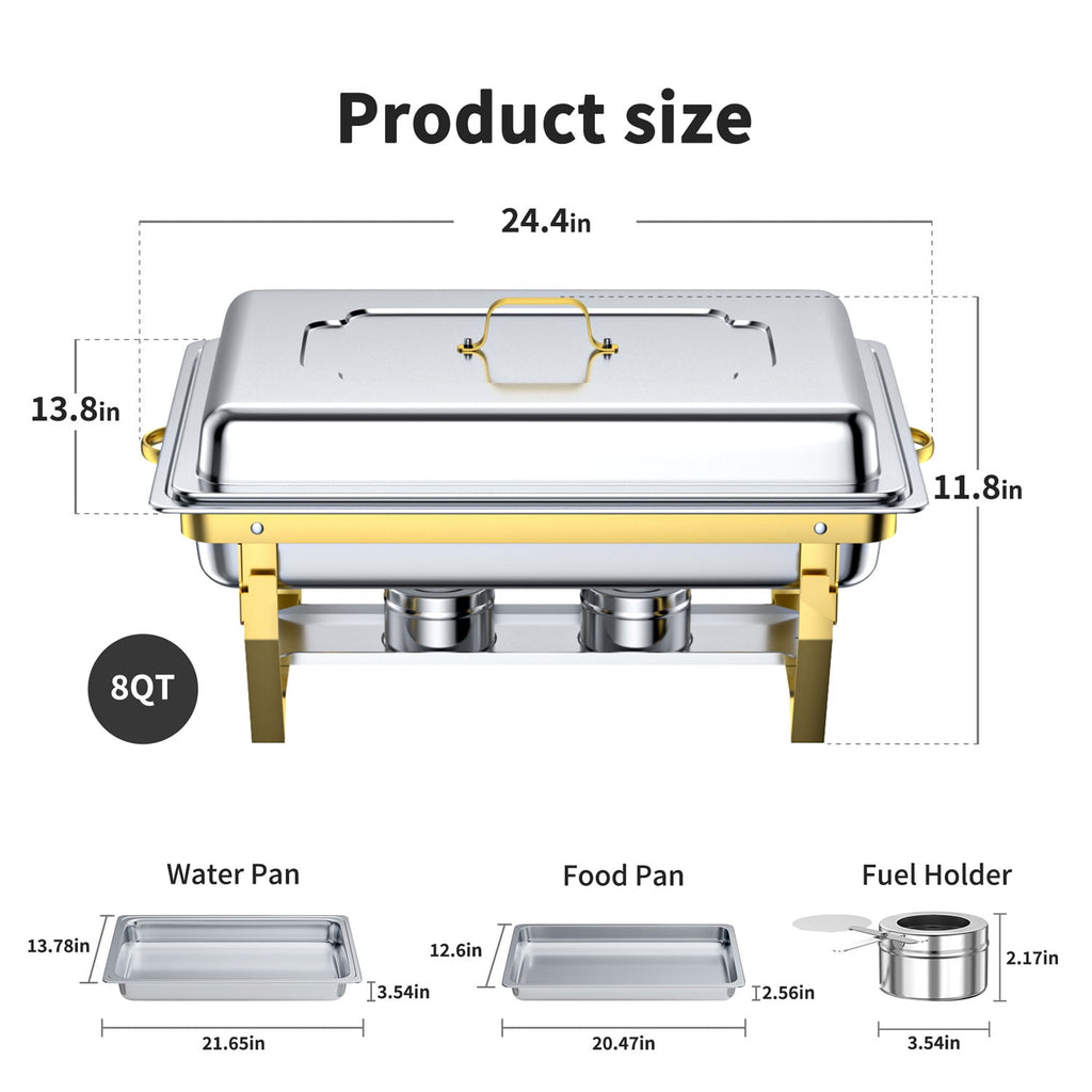 Chafing Dish Buffet Set 4 Pack: TINANA 8QT Stainless Steel Chafing Dishes for Buffet, Chafers and Buffet Warmers Sets for Parties, Events, Wedding, Camping, Dinner-Gold