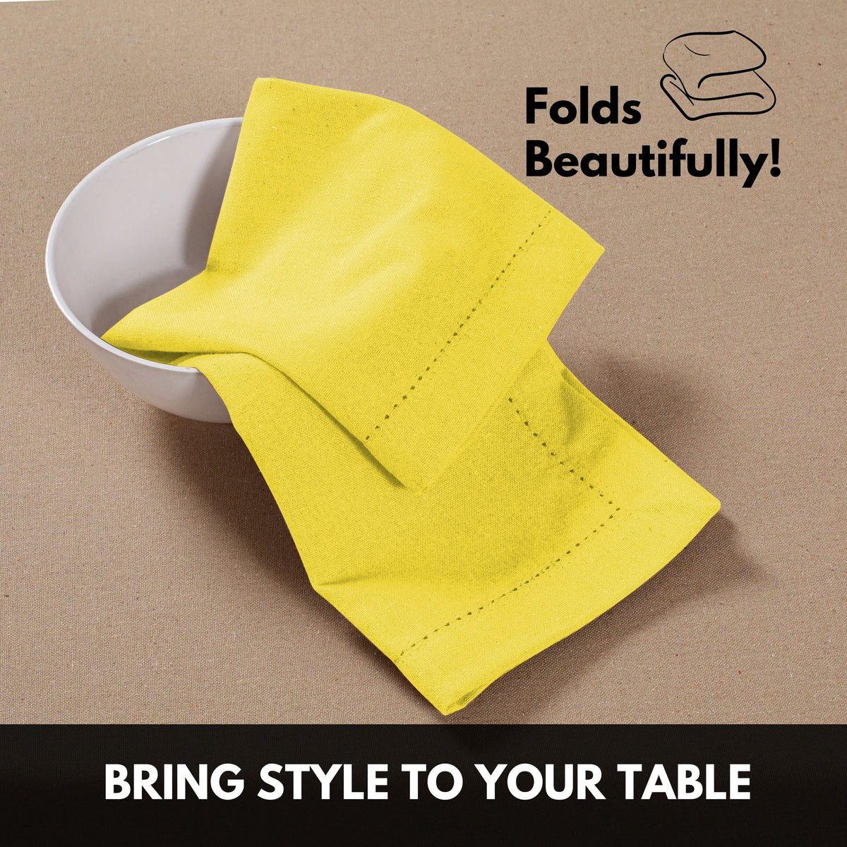Softopia Cotton Hemstitch Table Fabric Cloth Napkins 18"x18", Set of 12, Lemon Yellow