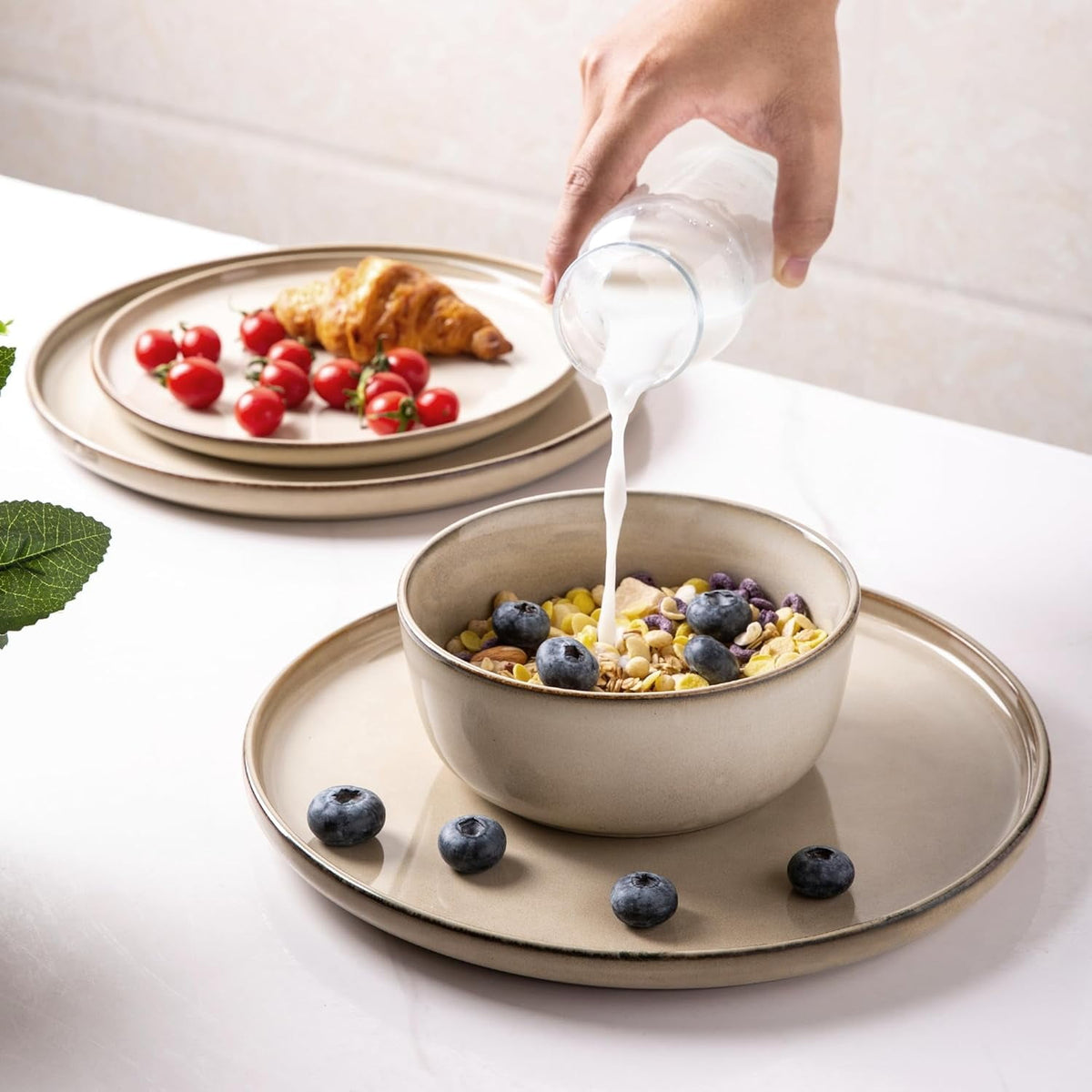 AmorArc Ceramic Dinnerware Sets for 4, 12 Pieces Stoneware Plates and Bowls Sets, Reactive Glaze Dishes -Scratch Resistant, Dishwasher&Microwave Safe, Space Blue (Service for 4)