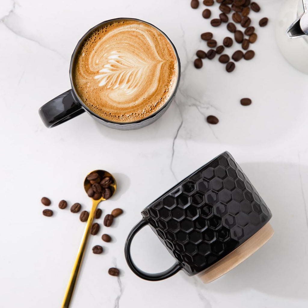 AmorArc 12OZ Stackable Ceramic Coffee Mugs with Texture Patterns, Modern Mug Set of 4 for Latte, Cappuccino and Cocoa, Dishwasher & Microwave Safe, off-white