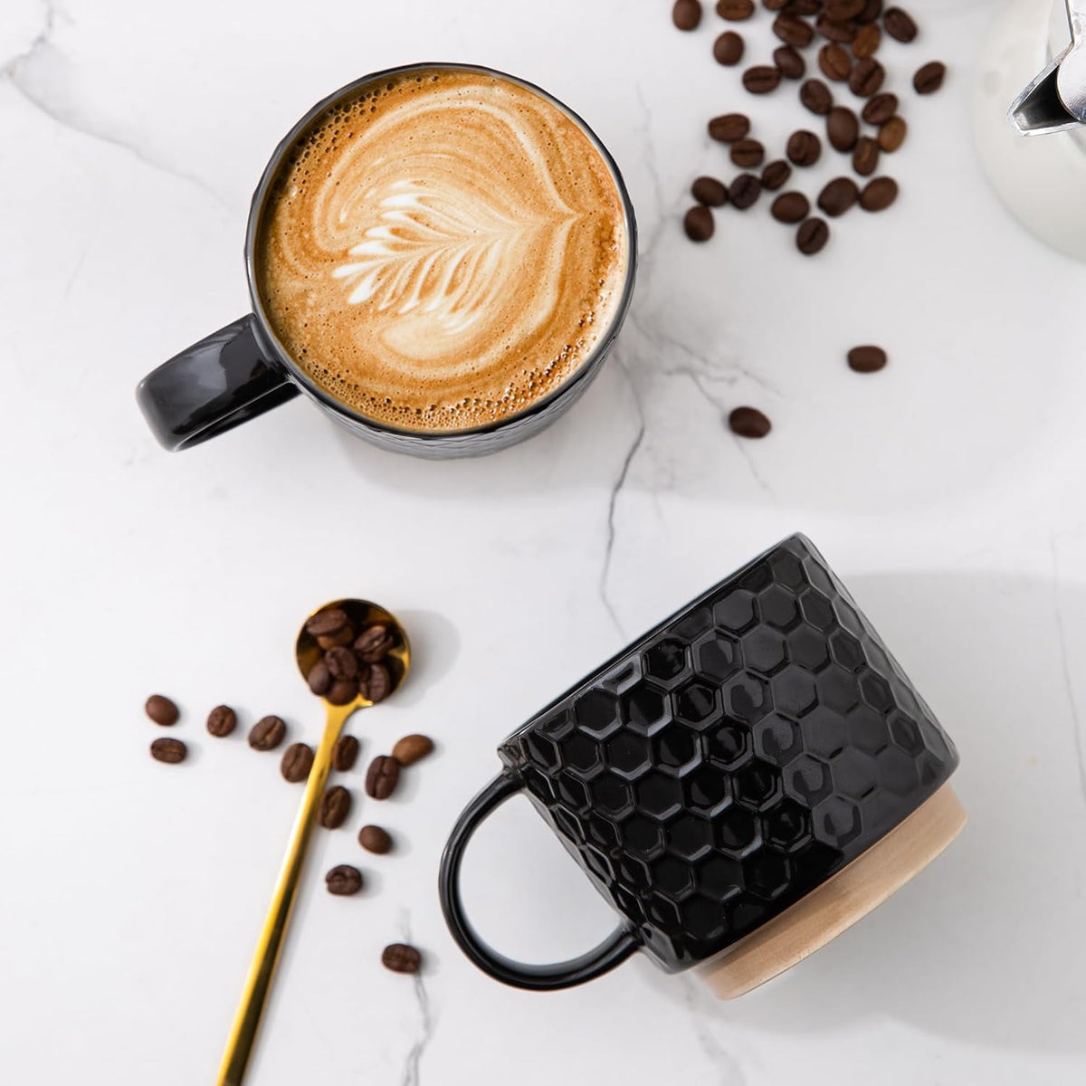 AmorArc 12OZ Stackable Ceramic Coffee Mugs with Texture Patterns, Modern Mug Set of 4 for Latte, Cappuccino and Cocoa, Dishwasher & Microwave Safe, off-white