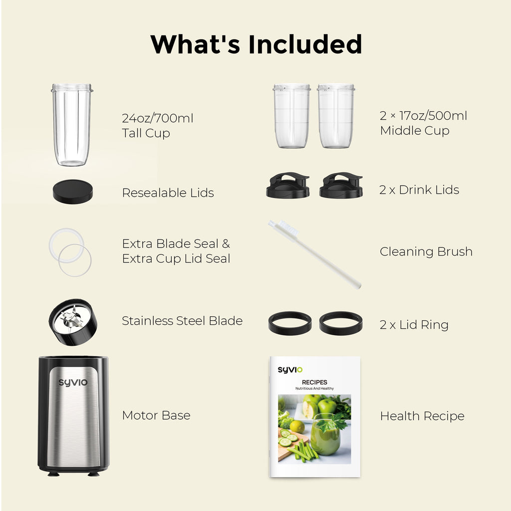 Syvio Smoothie Blender for Shakes and Smoothies, 14 Pieces Personal Blender, 3 Portal Cups, BPA-Free Juice Blender Set
