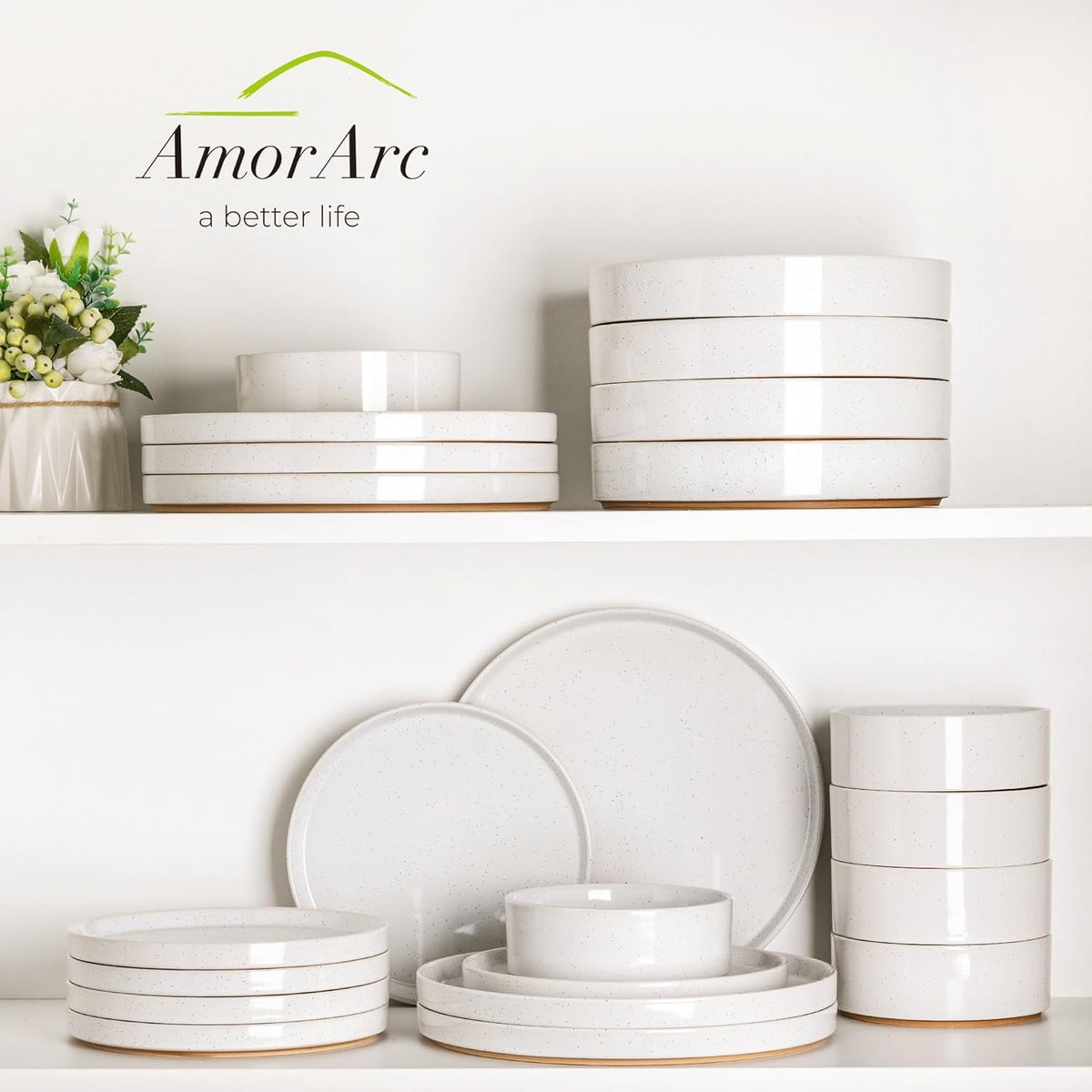 AmorArc Ceramic Dinnerware Set for 4 | Speckled Stoneware Plates and Bowls with unglazed terracotta | Scratch Resistant, Dishwasher & Microwave Safe Dishes Sets- 12-Pcs Pink