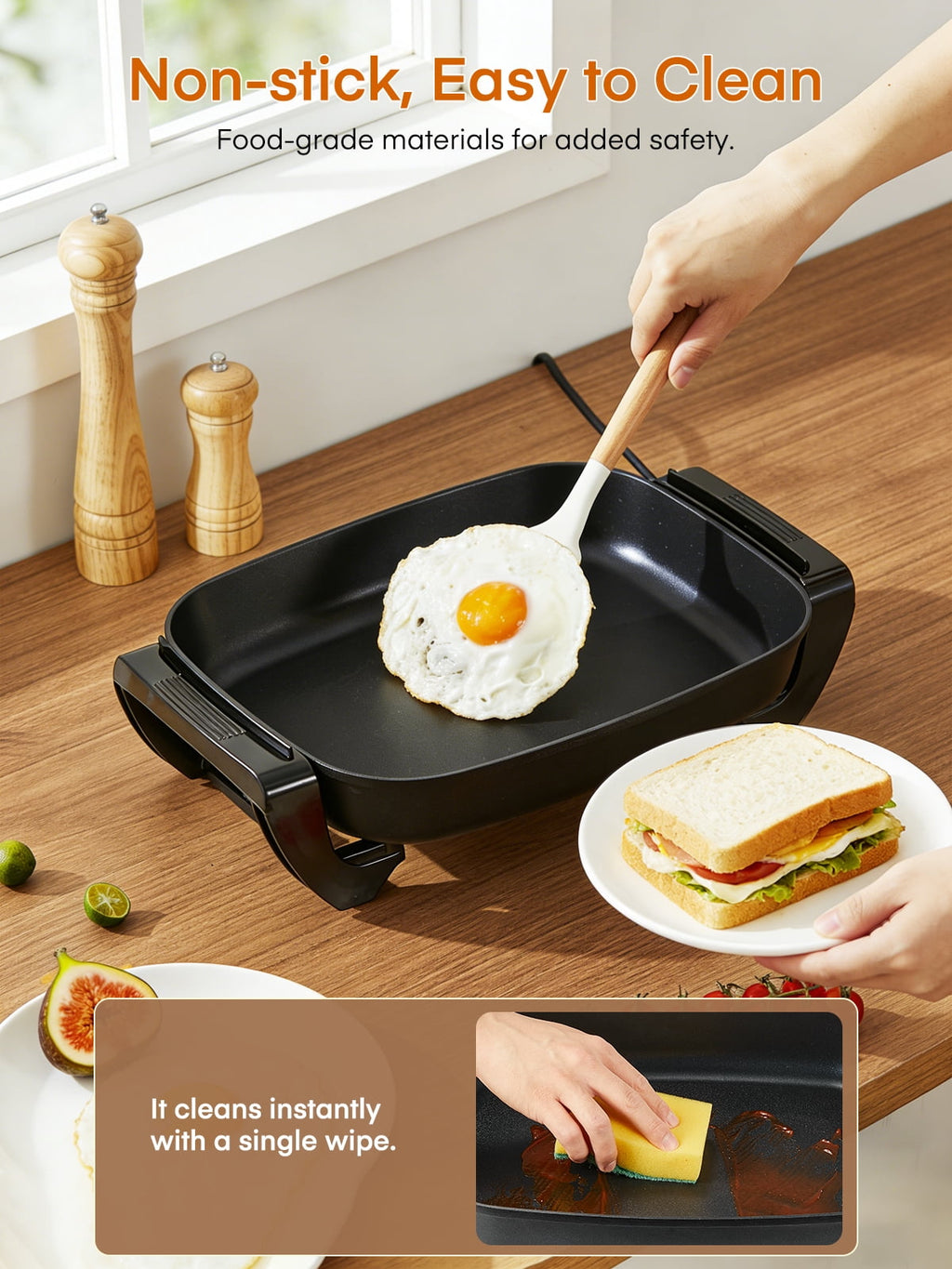 Electric Skillet, 12 inch Deep Non Stick Electric Skillet with Glass Cover, FOHERE Skillet for kicthen, 1360W, Black