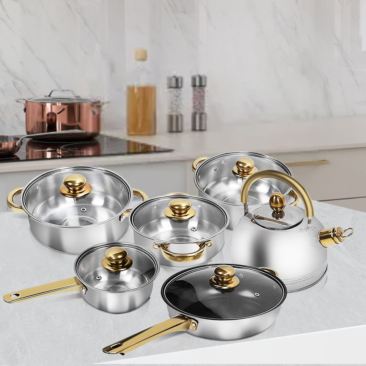 Tebru 12 Piece Nonstick Stainless Steel Cookware Set, Glass
