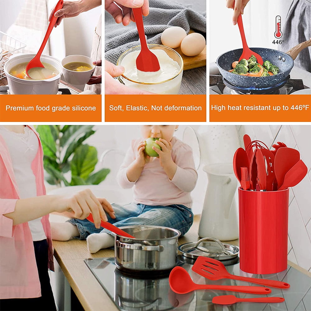 Walchoice 14 Pcs Cooking Utensils Set with Holder, Heat Resistant Silicone Kitchen Cookware Utensils Set, Kitchen Cooking Tools Includes Spatula Spoon Turner Whisk Tong, Dishwasher safe, Red
