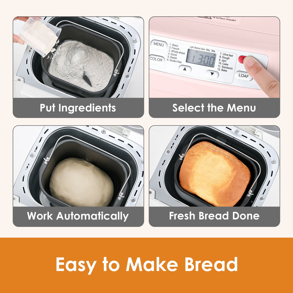 Kitchen in the Box 2lb Bread Maker with Auto Fruit Nut Dispenser, 12-in-1 Gluten-Free Bread Machine, 13H Delay Timer, Nonstick Pan, Keep Warm, White