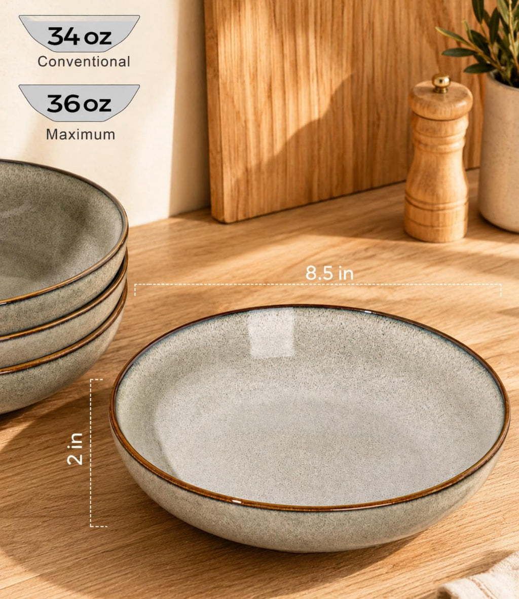 AmorArc 8.5'' Large Ceramic Pasta Bowls Set, 36oz Stoneware Bowls Set of 6 for Kitchen, Reavtive Glaze Bowls-Microwave,Dishwasher Safe for Pasta,Salad,Oatmeal-Ceylon Blue