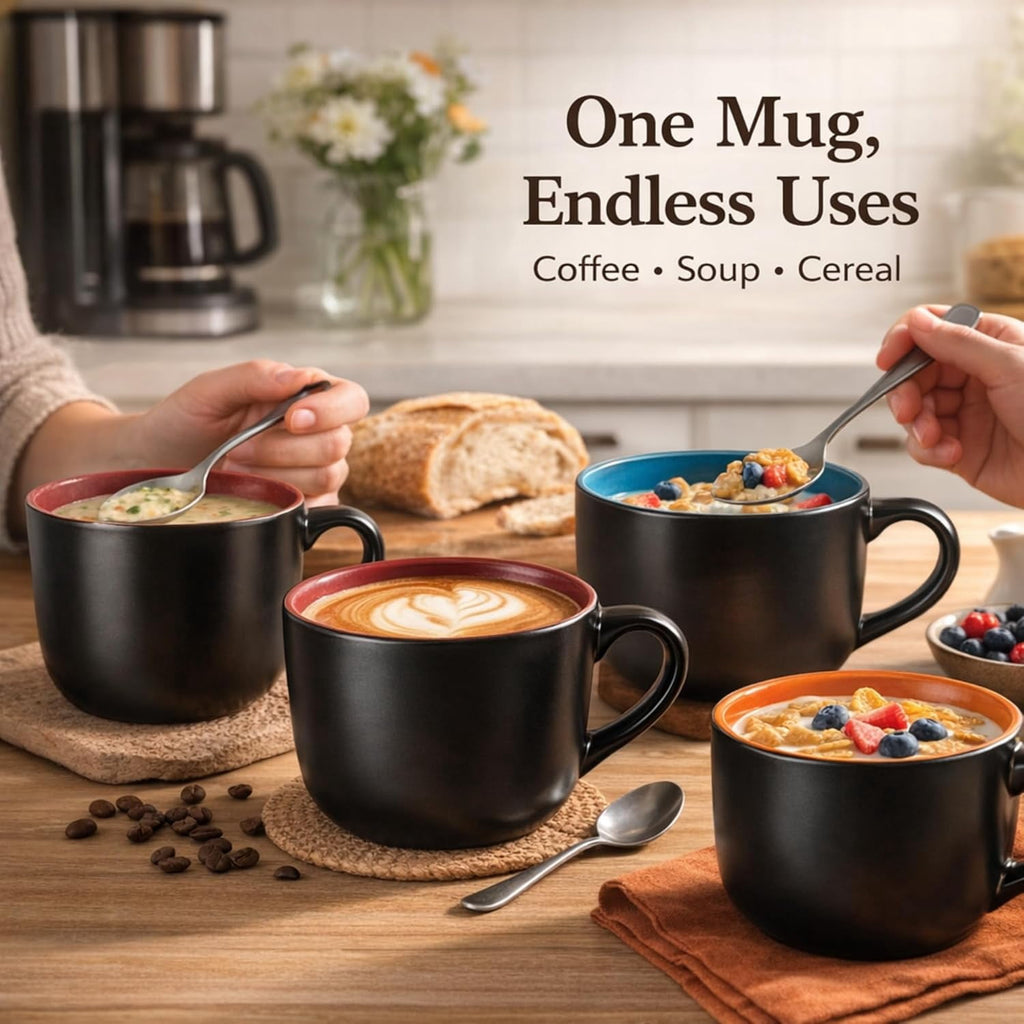 AmorArc 24 oz Soup Mugs with Handles, Jumbo Ceramic Bowls Mugs Set with handles for Coffee Cereal Cappuccino Snacks, Microwave&Dishwasher safe Soup Cups for Meal-Multicolor