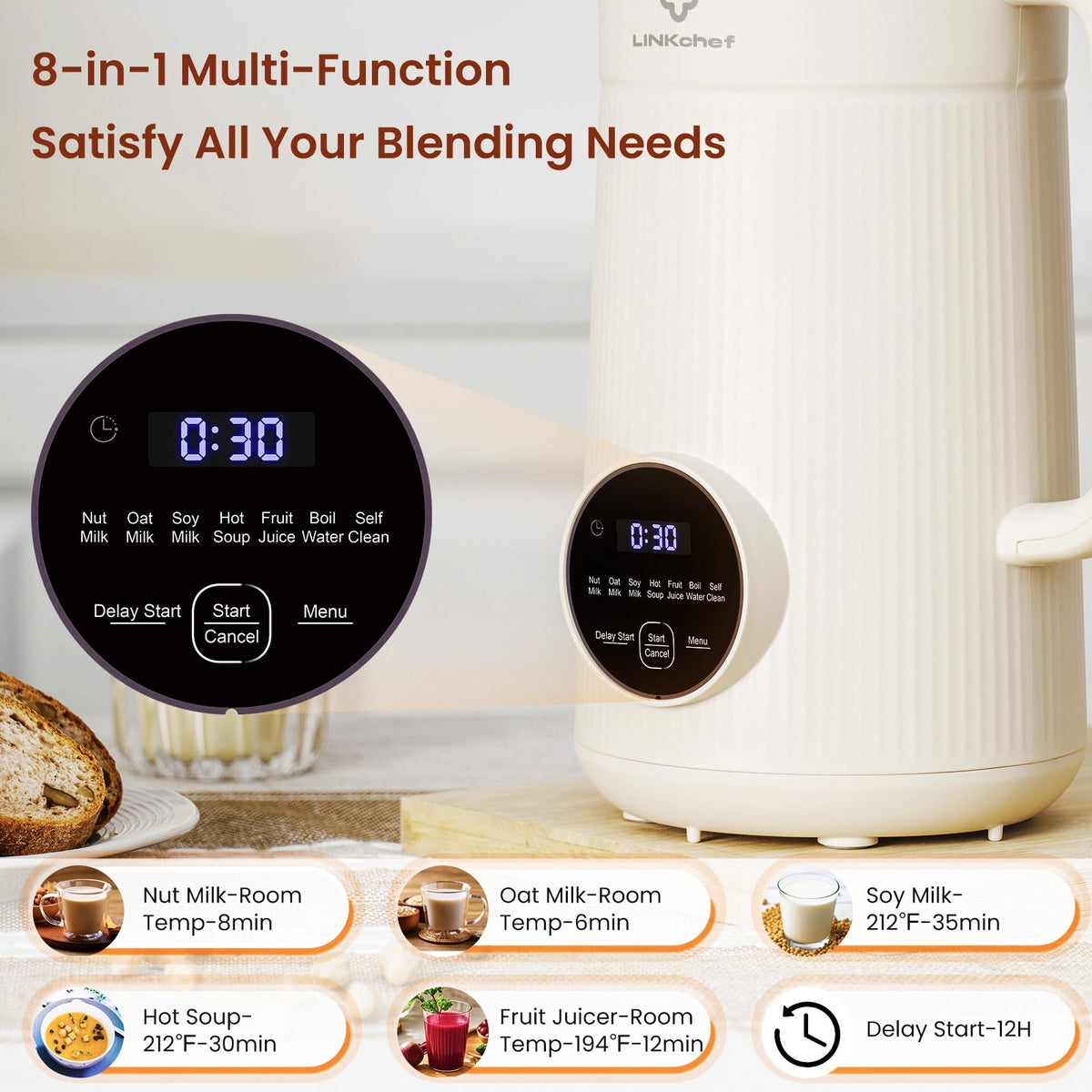 LINKChef Nut Milk Maker 40 oz Almond Oat Soy Milk Maker Blender with Self-Cleaning, Delay Start and Keep Warm, Homemade Dairy-Free Milk Machine for Hot & Cold Drinks
