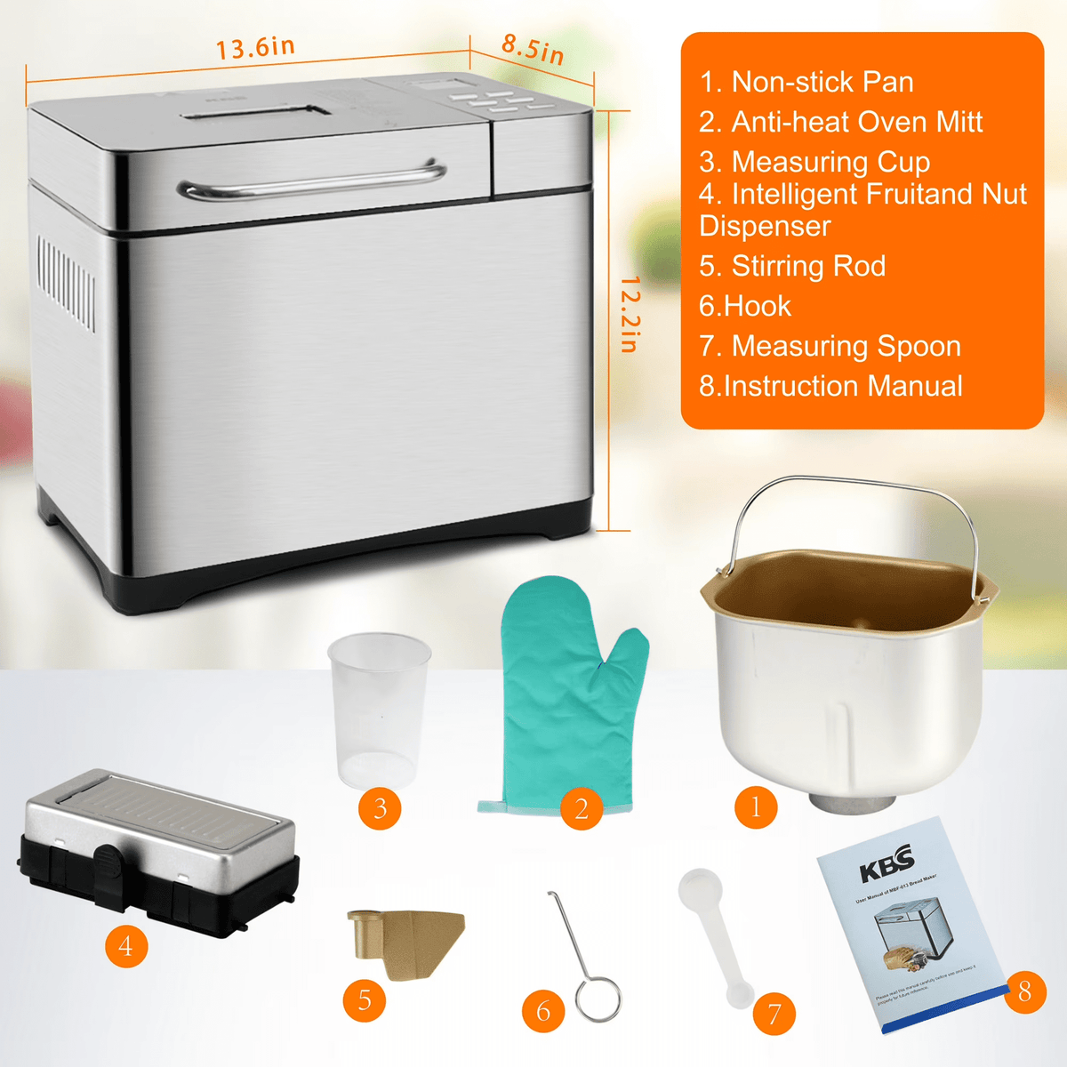 KBS 2lb Bread Maker Machine, 19-in-1 Automatic Bread Maker with Auto Nut Dispenser, Nonstick Pan, 15H Delay Timer, 1H Keep Warm, Stainless Steel