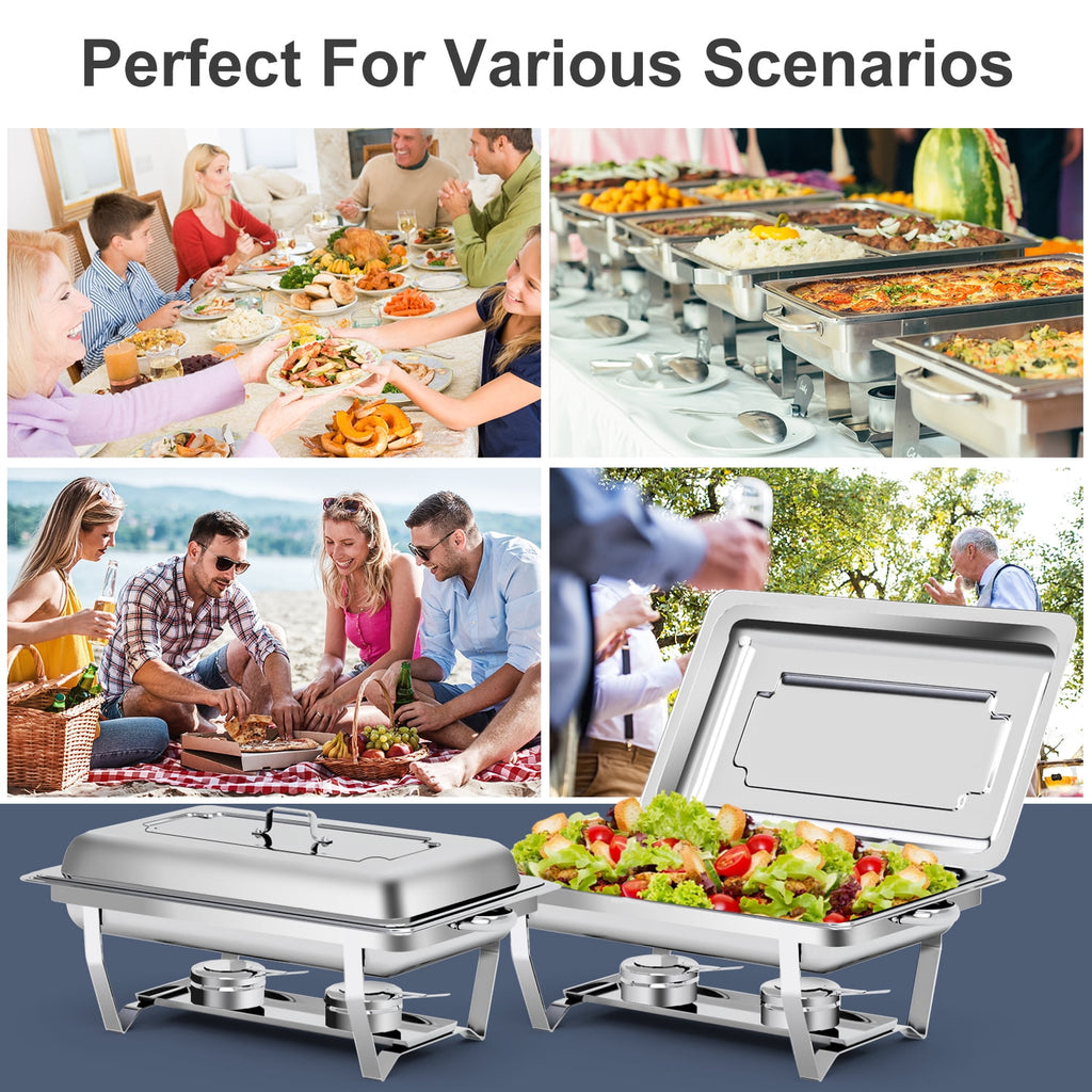 Bluebow 4 Pack Chafing Dishes for Buffet Set, Stainless Steel Catering Chafer, Serving Food Warmer with Lids, Food & Water Pans & Fuel Holders