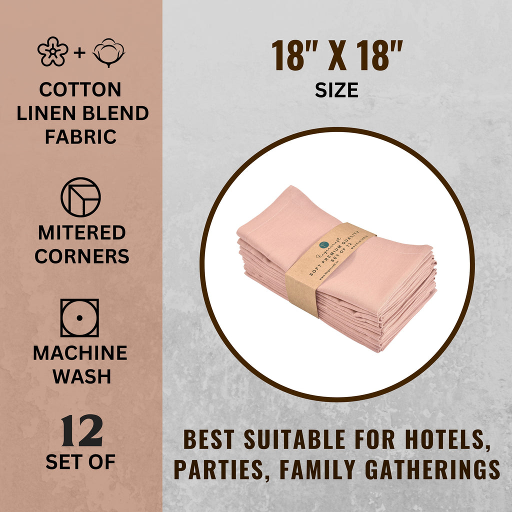 Fingercraft Cloth Napkin, Solid Color Cotton Linen Blend Table Napkins, Soft and Absorbent Fabric, Set of 12, Blush Pink