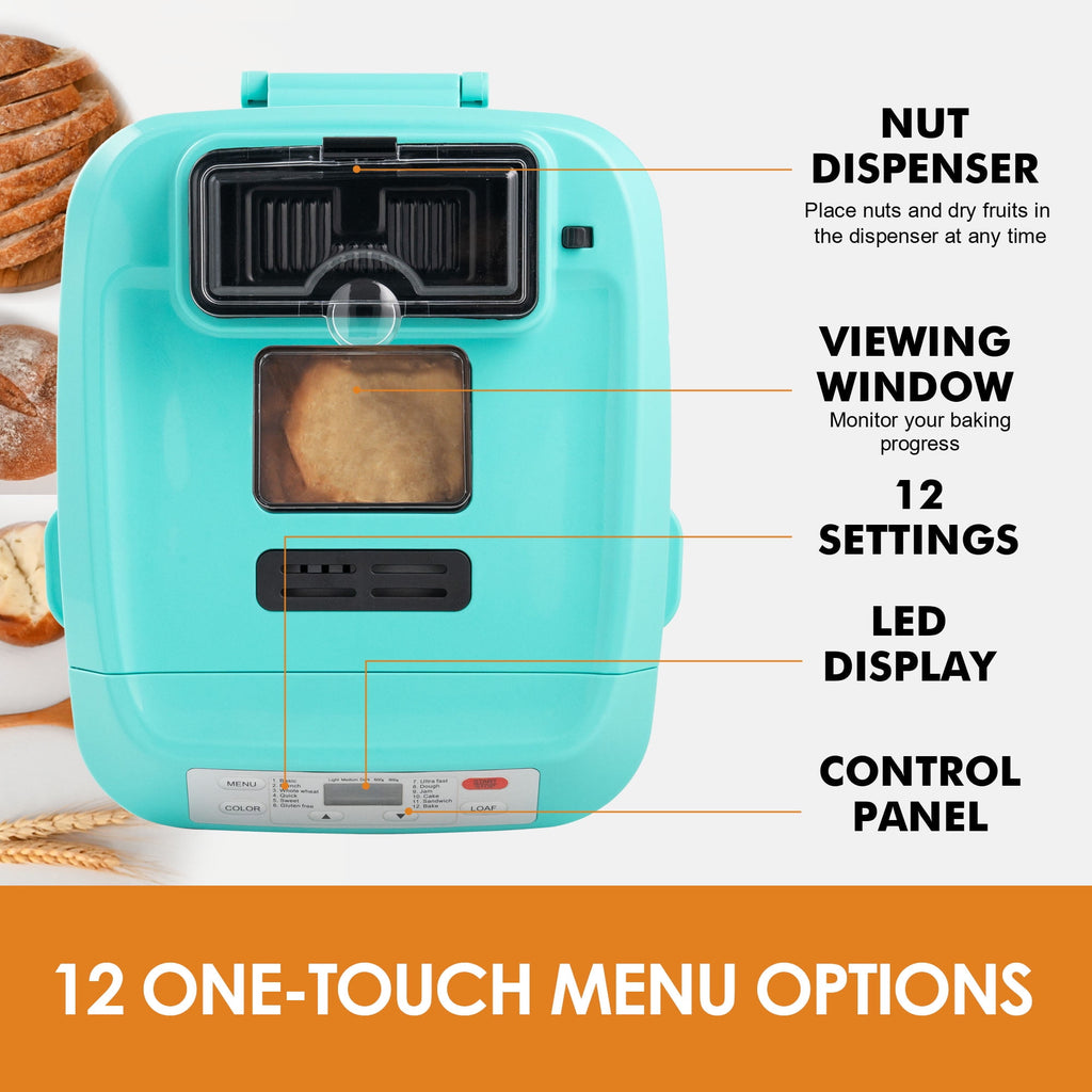 Kitchen in the Box 2lb Bread Maker with Auto Fruit Nut Dispenser, 12-in-1 Gluten-Free Bread Machine, 13H Delay Timer, Nonstick Pan, Keep Warm, White