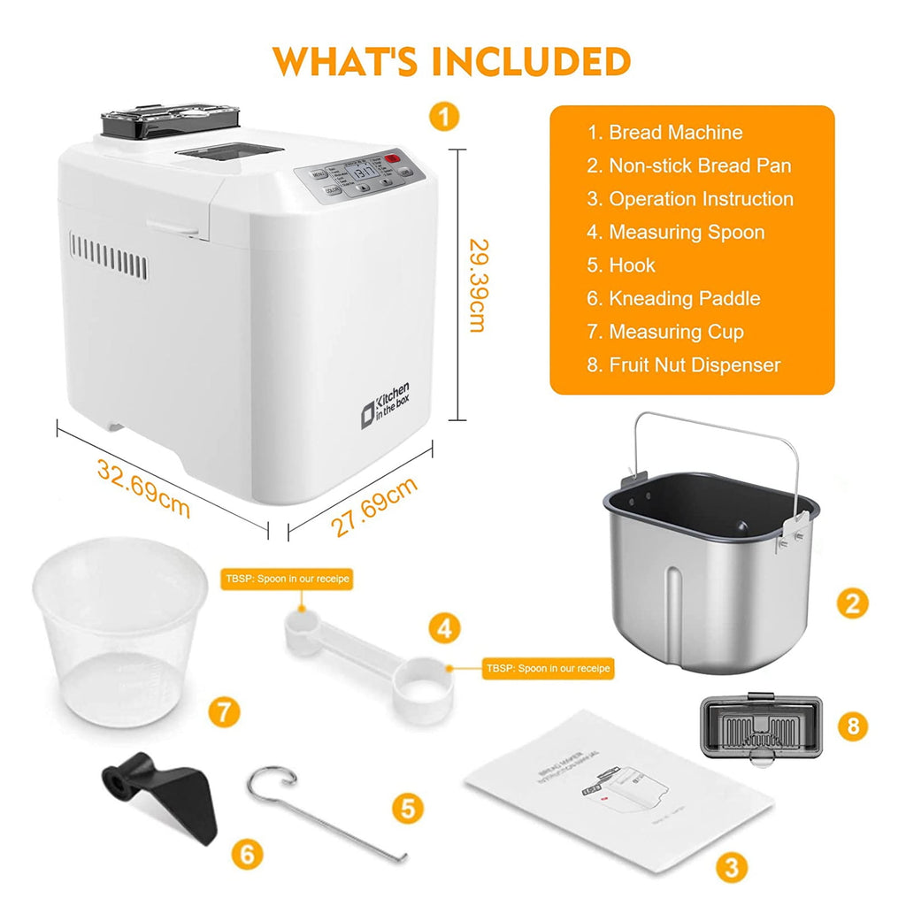 Kitchen in the Box 2lb Bread Maker with Auto Fruit Nut Dispenser, 12-in-1 Gluten-Free Bread Machine, 13H Delay Timer, Nonstick Pan, Keep Warm, White