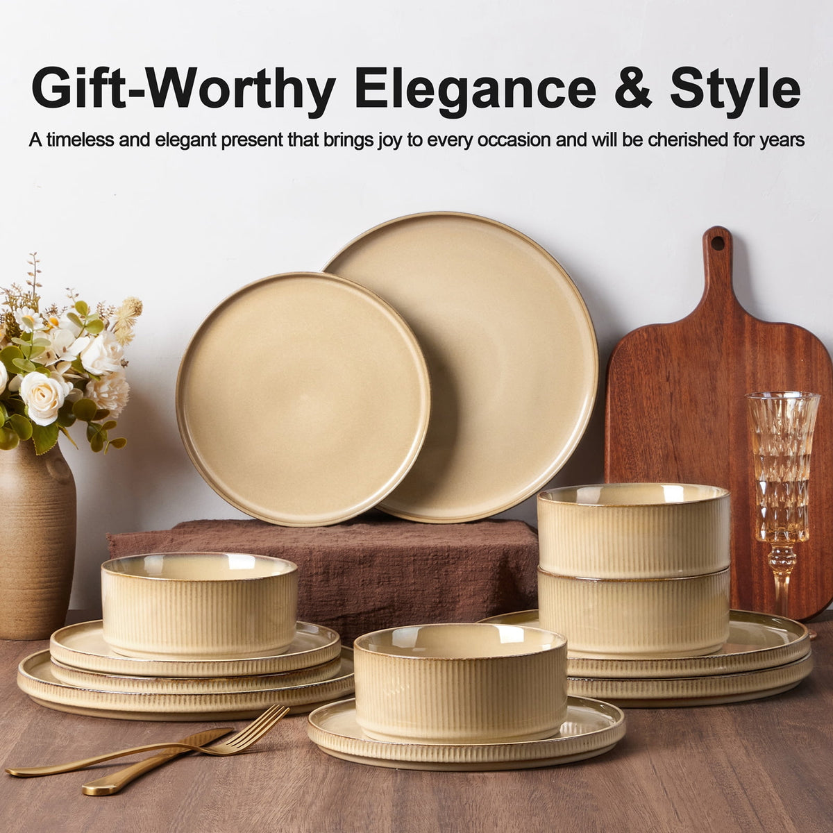Vesteel 12 Pieces Dinnerware Set for 4, Premium Stoneware Ribbed Dishes, Chip & Scratch Resistant Plates and Bowls Set for Home Restaurant, Microwave and Dishwasher Safe - Speckled White