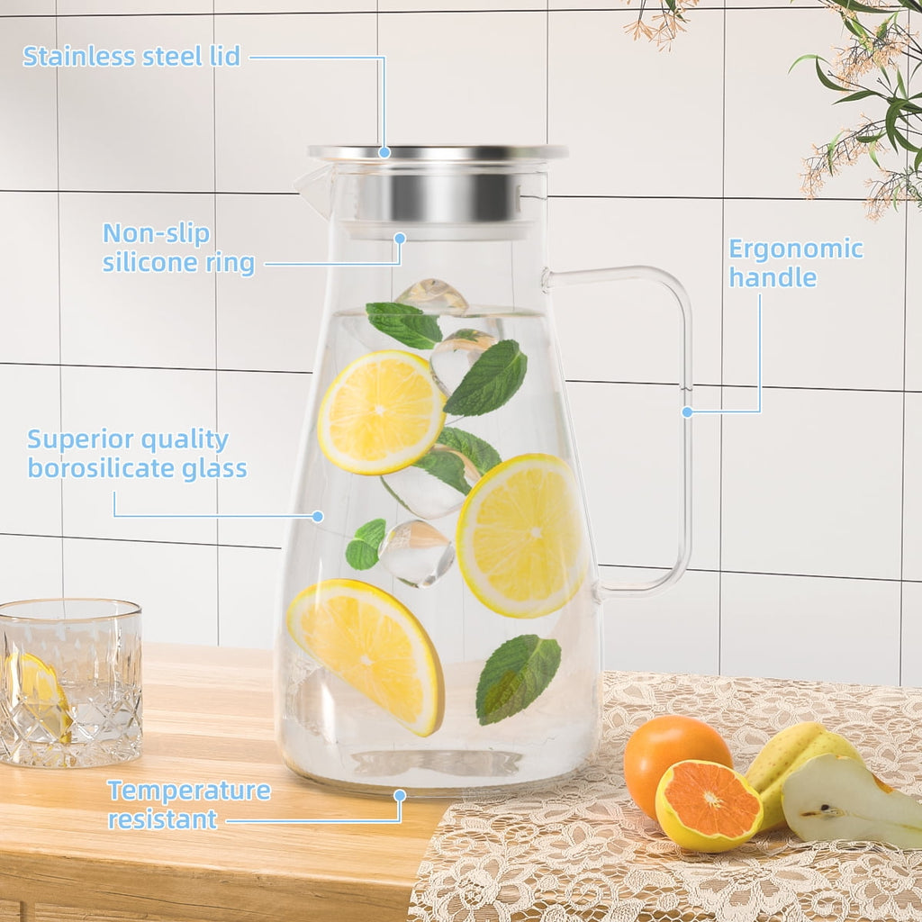 64 oz Water Pitcher with Lid and Spout, 1.8L Heat & Cold Resistant Glass Water Carafe with Handle, Easy to Clean Thickened Borosilicate Glass Jug for Cold and Hot Beverage