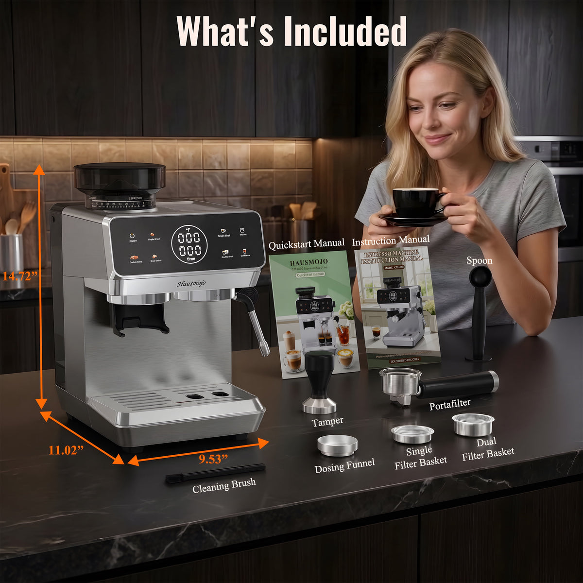 Hausmojo CM1620 Espresso Machine with Grinder and Frother, 20‑Bar Pump, Cold Brew, Latte & Cappuccino, Stainless Steel