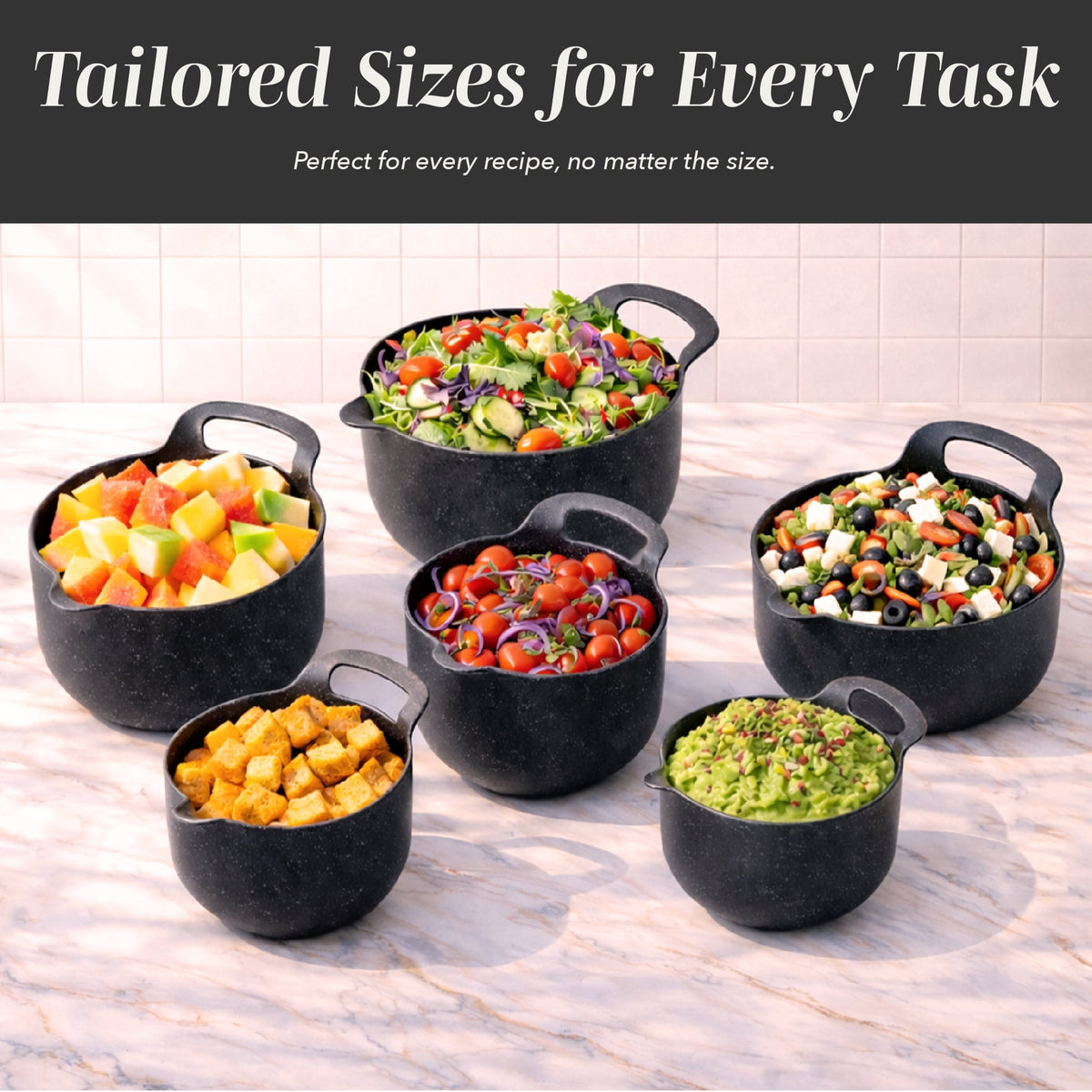 COOK WITH COLOR Mixing Bowls Set, 4-Piece Non-Slip Mixing Bowls with Pour Spouts & Handles, Black Speckled