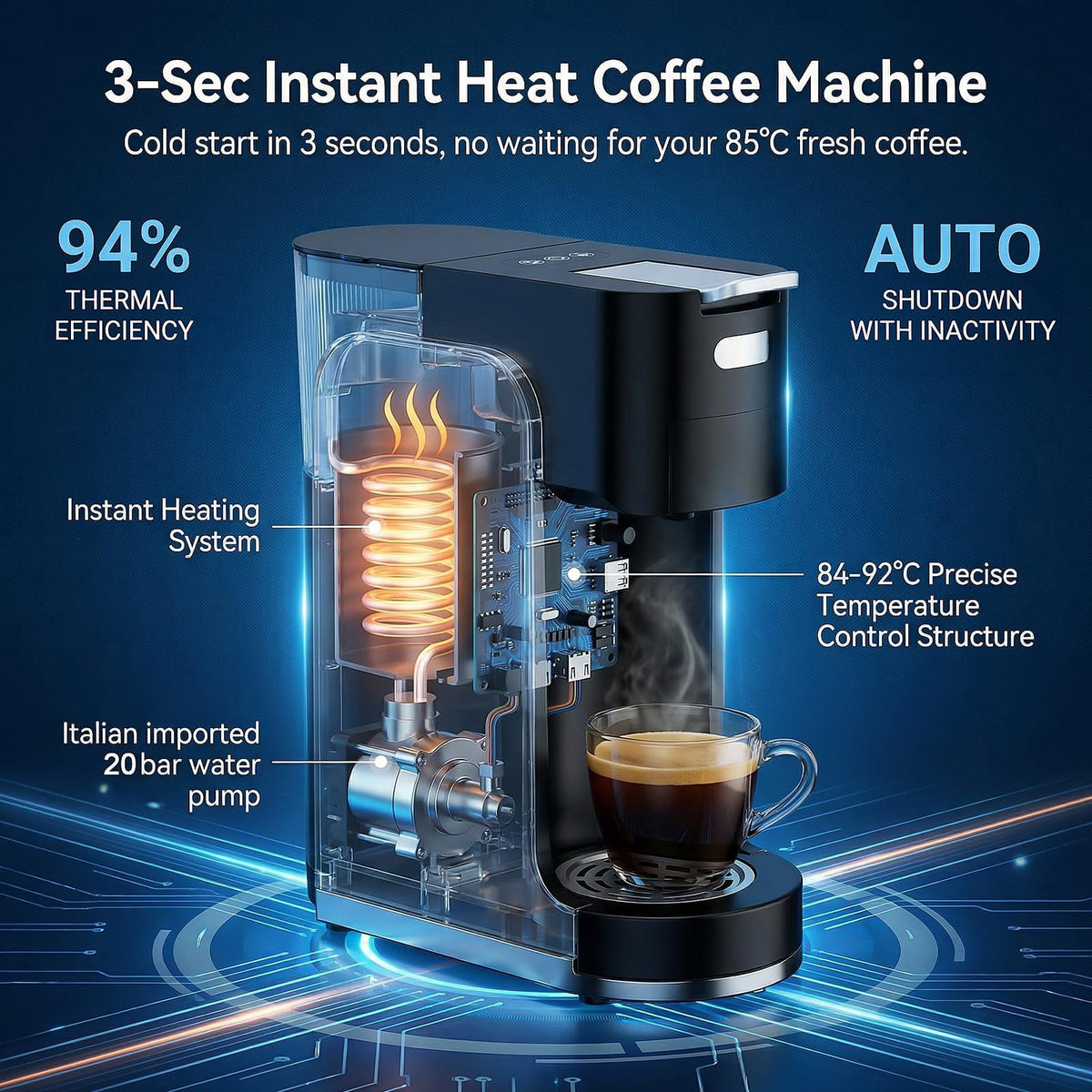 GVODE 4-in-1 Single Serve Coffee Maker, 3-Second Heat-Up, 20 Bar Hot and Iced Espresso Machine, Black