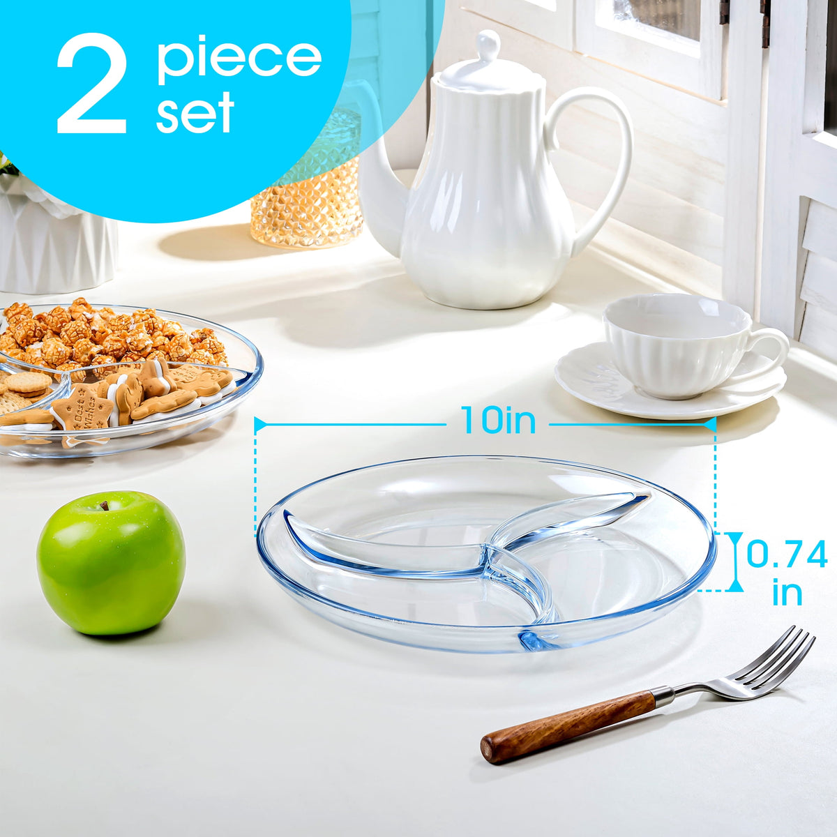 NUTRIUPS 10 Inch Divided Glass Plates, 2-pack