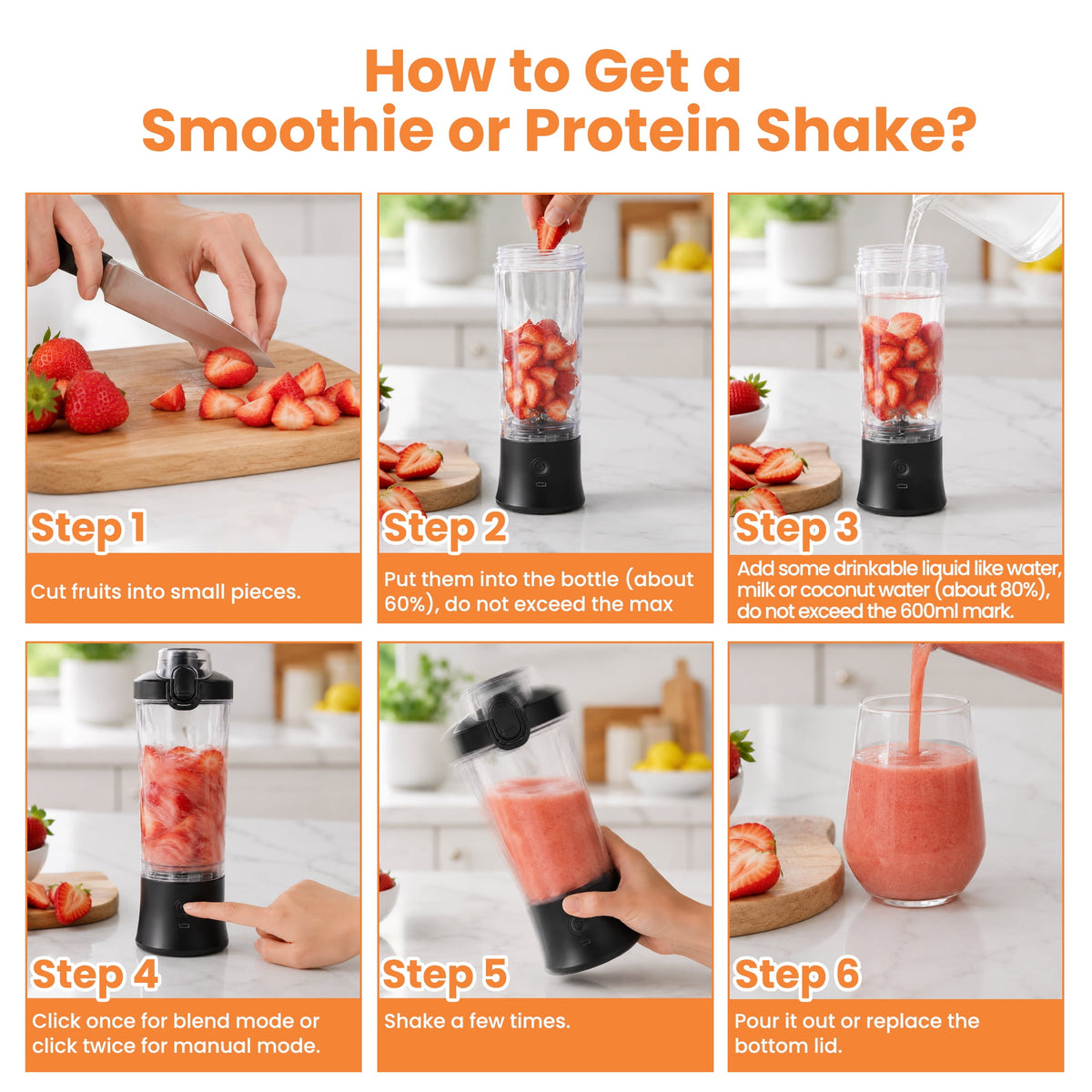 ORFELD Personal Portable Blender, Small Kitchen Appliances Blender Cup for Shakes and Smoothies Rechargeable Shaker Bottle, 20oz