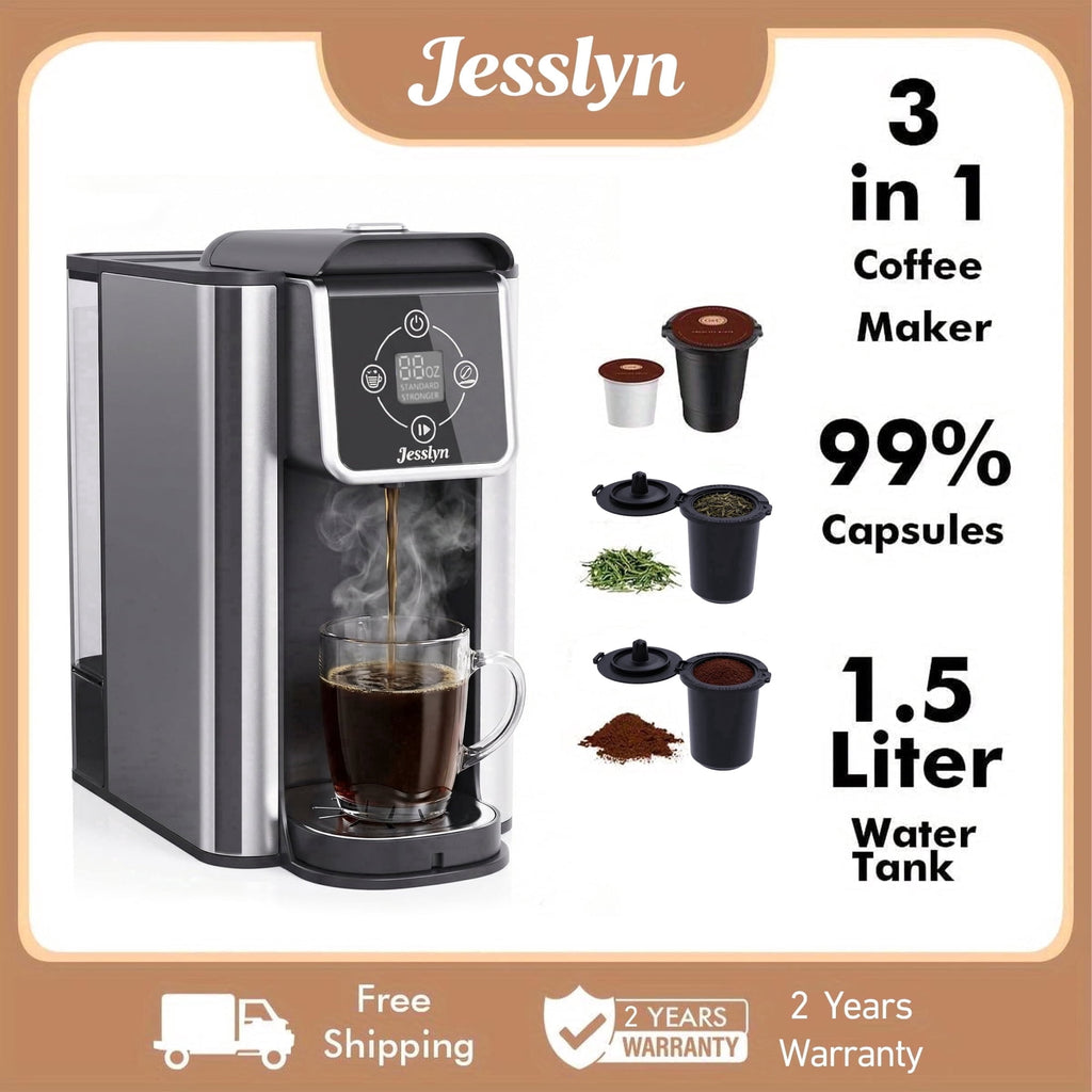 Jesslyn 3 in 1 Single Serve Coffee Maker: K Cup Coffee Machine Compatible with Grounds, Instant Coffee Pot, Tea Maker Brewer - Removable 50 oz Water Reservoir, 120V 1150W, Black